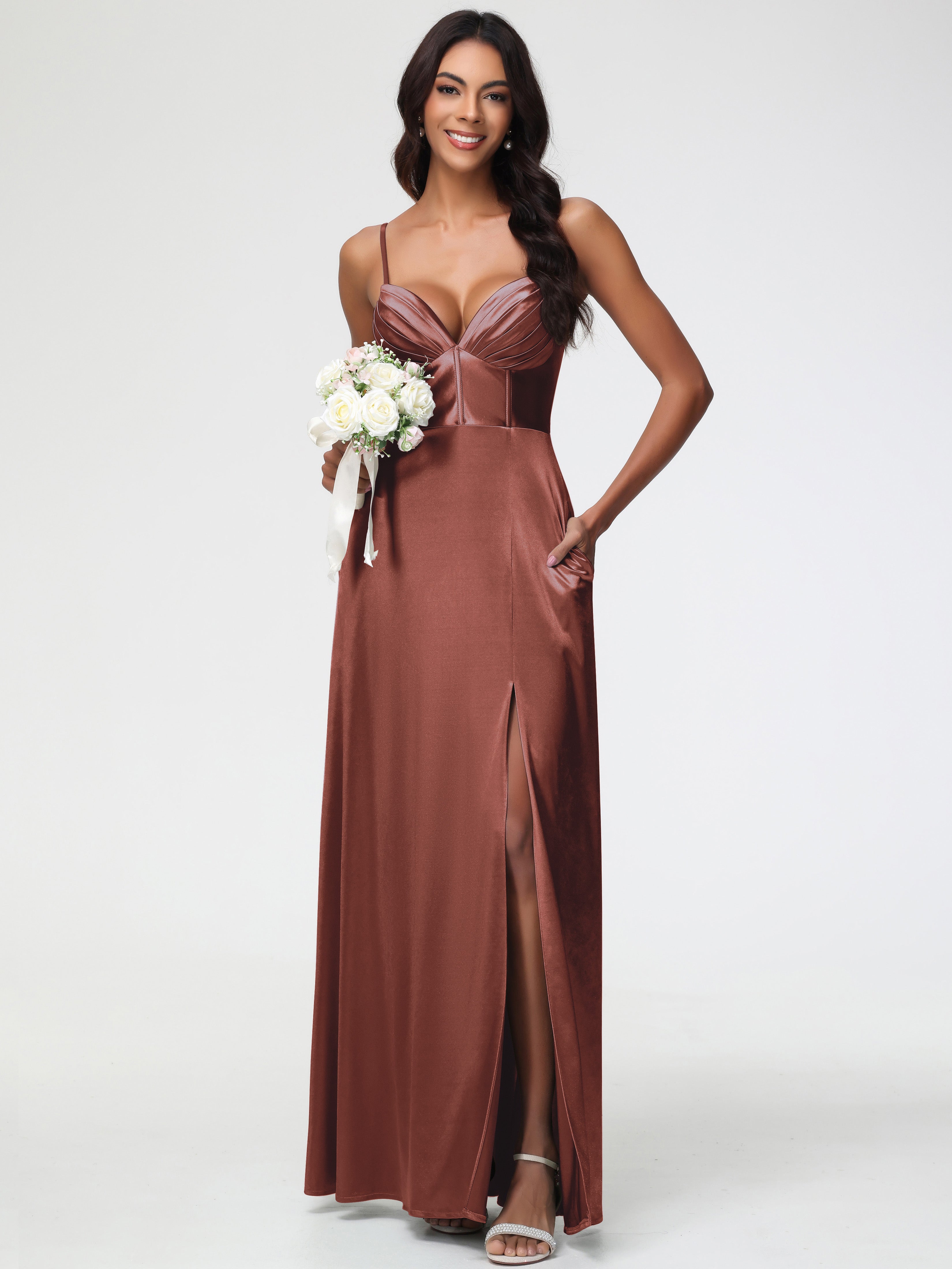 Rouille Robe Demoiselle D Honneur Terracotta Bretelles Spaghetti Trapèze Satin Extensible Fendue Robe De Demoiselle D'Honneur