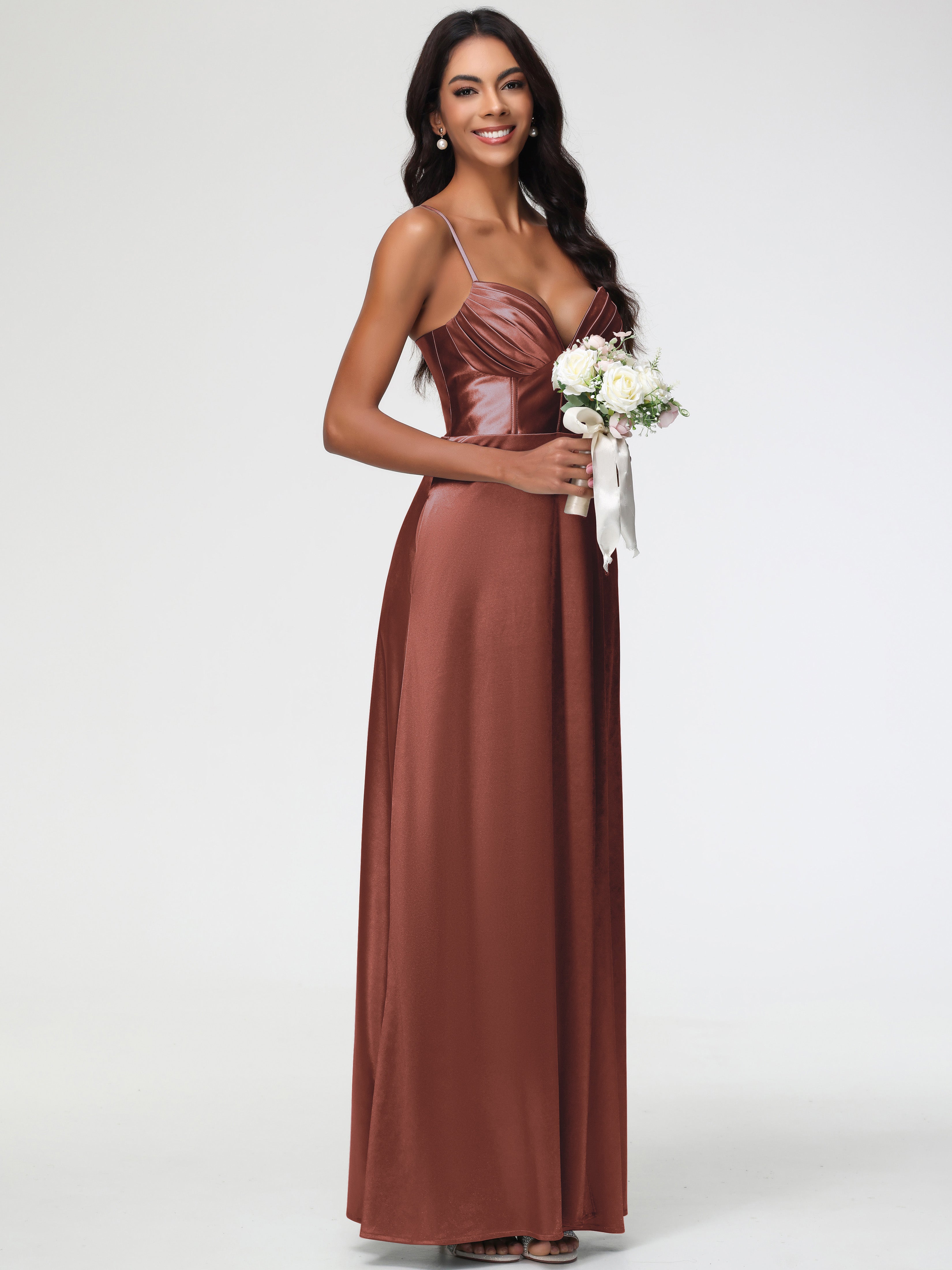 Rouille Robe Demoiselle D Honneur Terracotta Bretelles Spaghetti Trapèze Satin Extensible Fendue Robe De Demoiselle D'Honneur