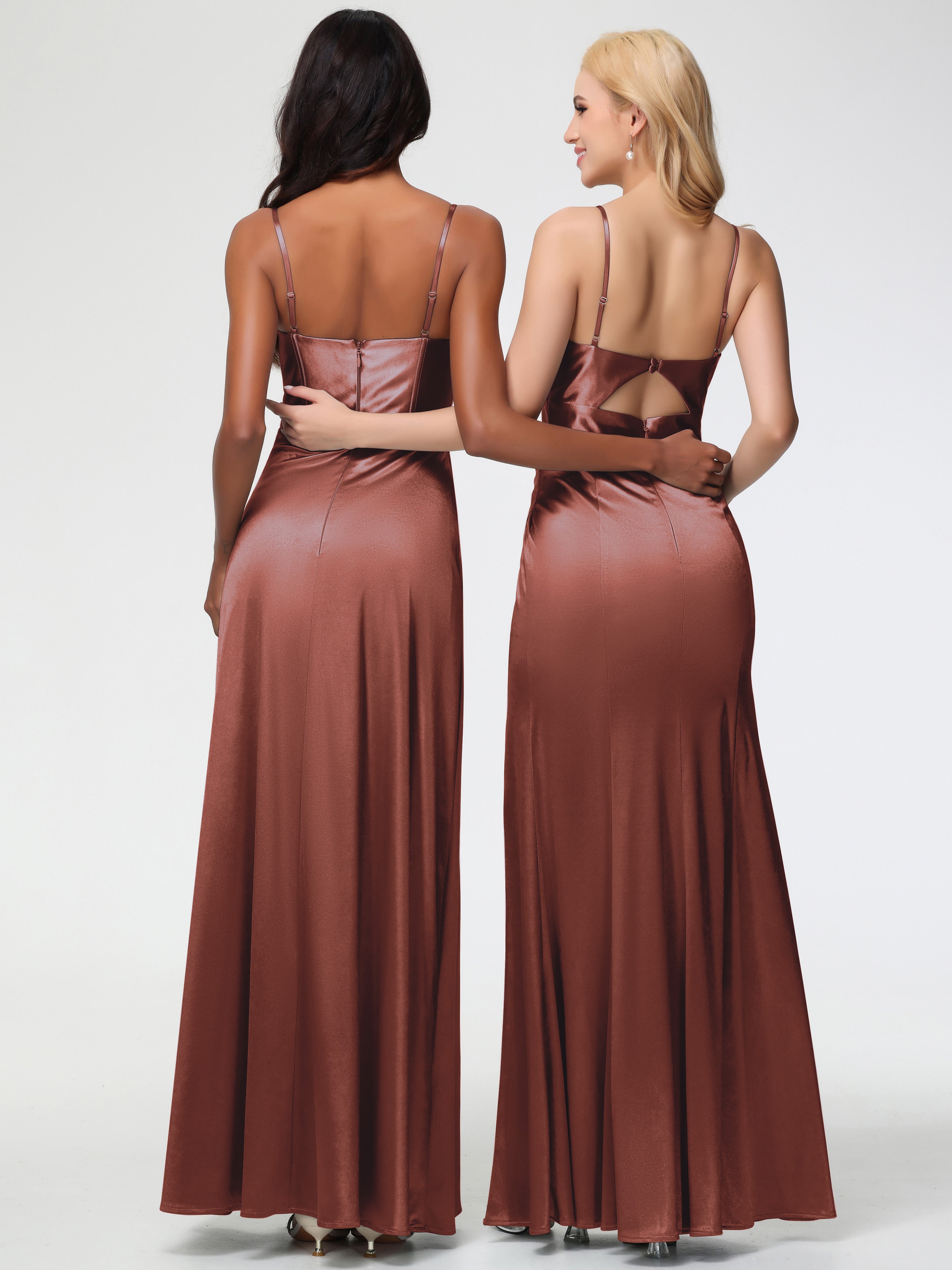 Rouille Robe Demoiselle D Honneur Terracotta Bretelles Spaghetti Trapèze Satin Extensible Fendue Robe De Demoiselle D'Honneur