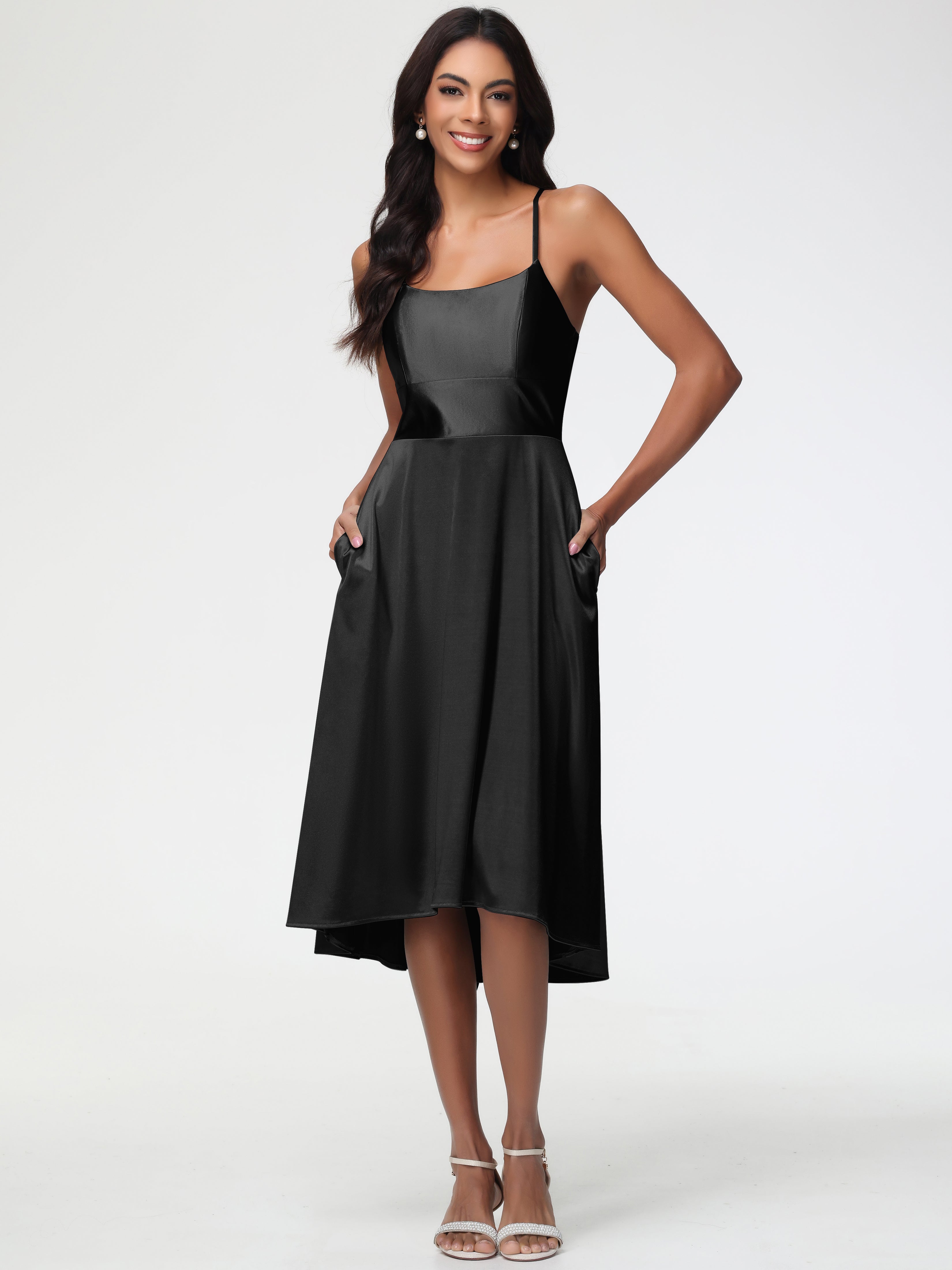 Robes De Demoiselle D'Honneur Noires Bon Marché Bretelles Spaghetti Satin Extensible Robe Demoiselle D Honneur Asymétrique