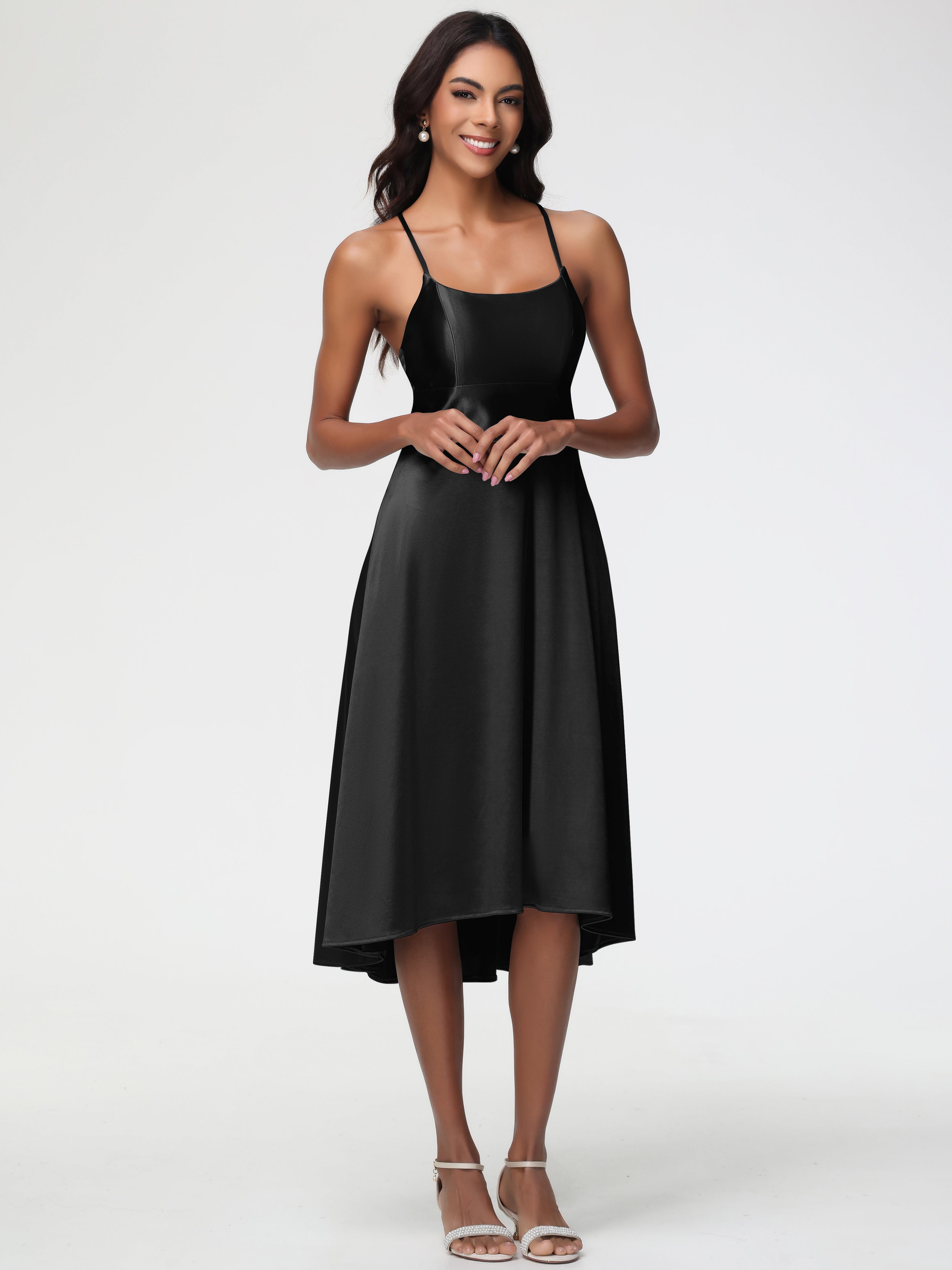 Robes De Demoiselle D'Honneur Noires Bon Marché Bretelles Spaghetti Satin Extensible Robe Demoiselle D Honneur Asymétrique