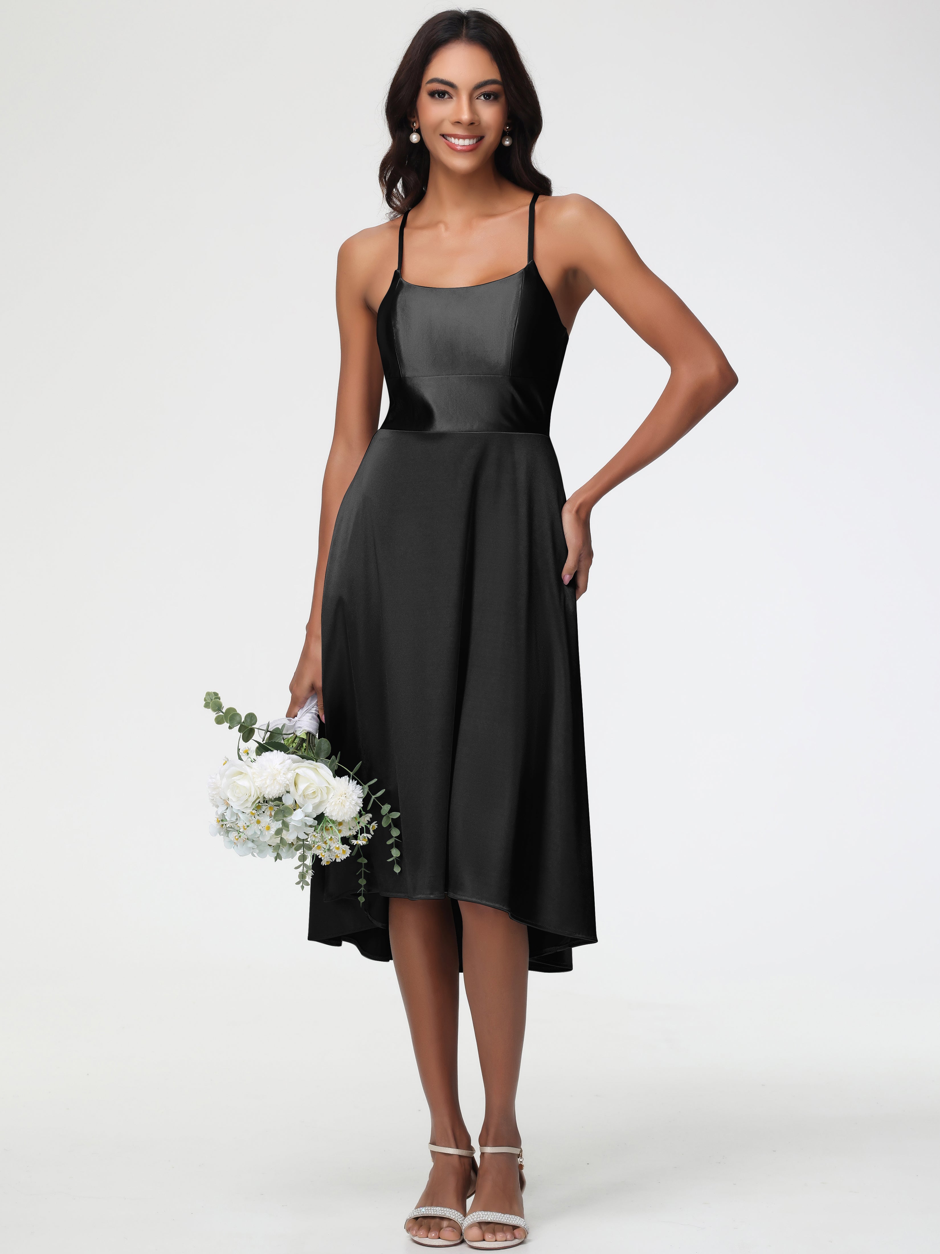 Robes De Demoiselle D'Honneur Noires Bon Marché Bretelles Spaghetti Satin Extensible Robe Demoiselle D Honneur Asymétrique