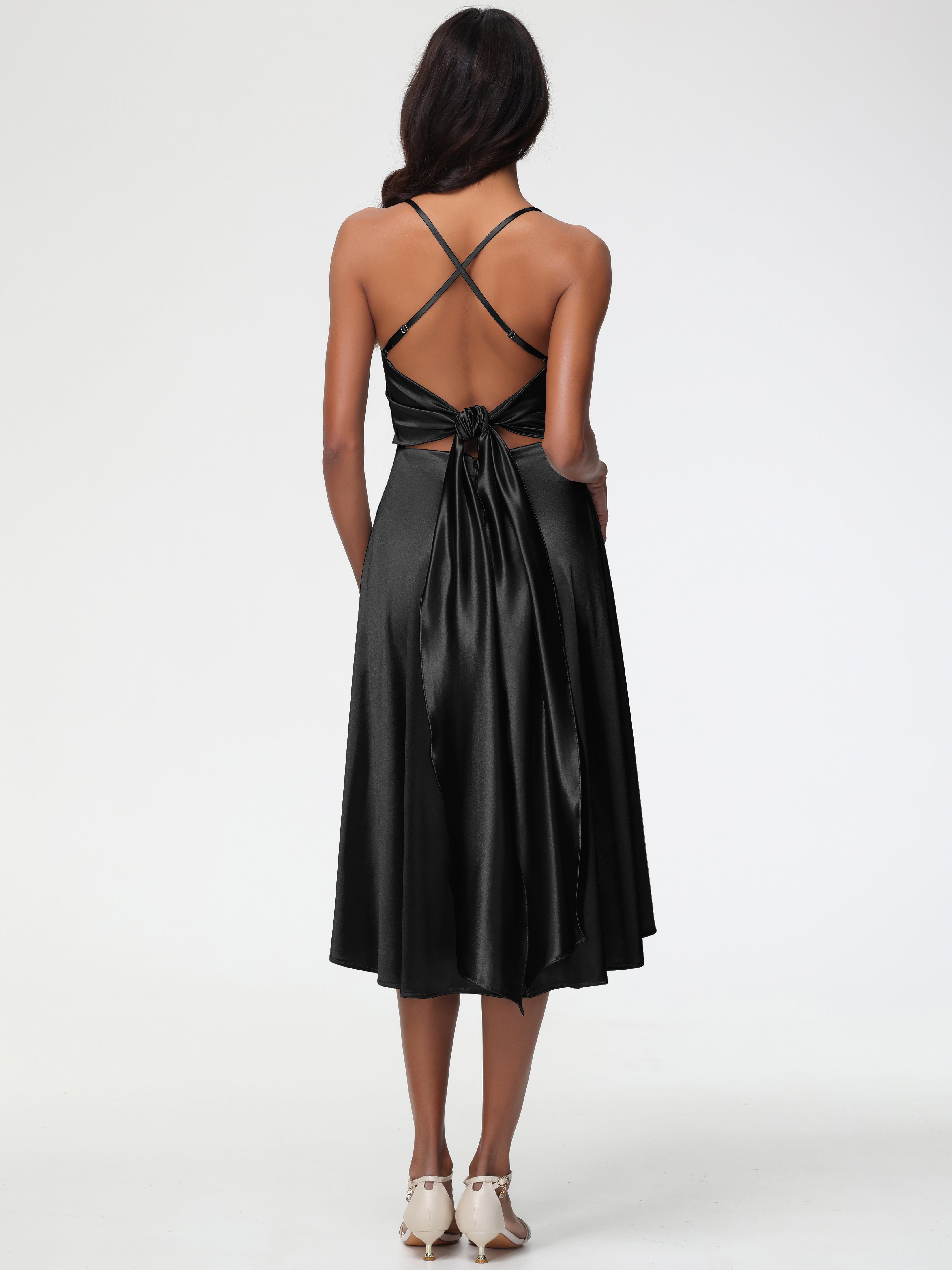 Robes De Demoiselle D'Honneur Noires Bon Marché Bretelles Spaghetti Satin Extensible Robe Demoiselle D Honneur Asymétrique