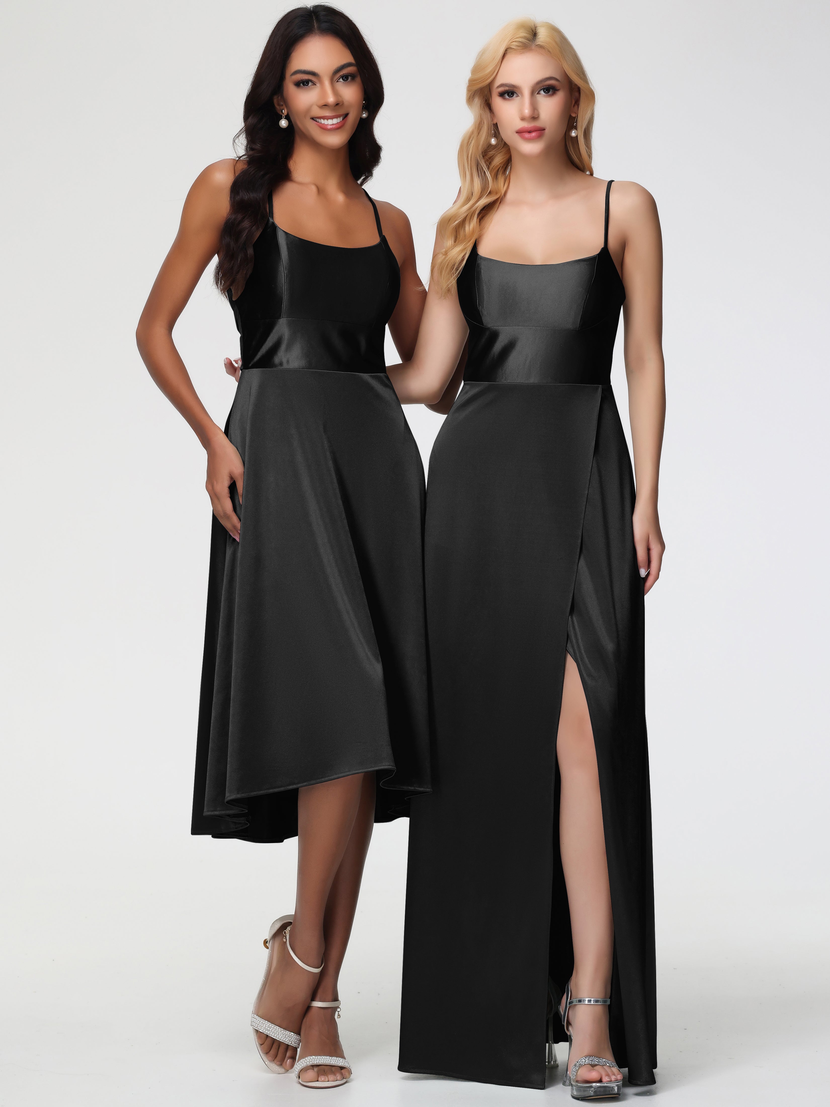Robes De Demoiselle D'Honneur Noires Bon Marché Bretelles Spaghetti Satin Extensible Robe Demoiselle D Honneur Asymétrique