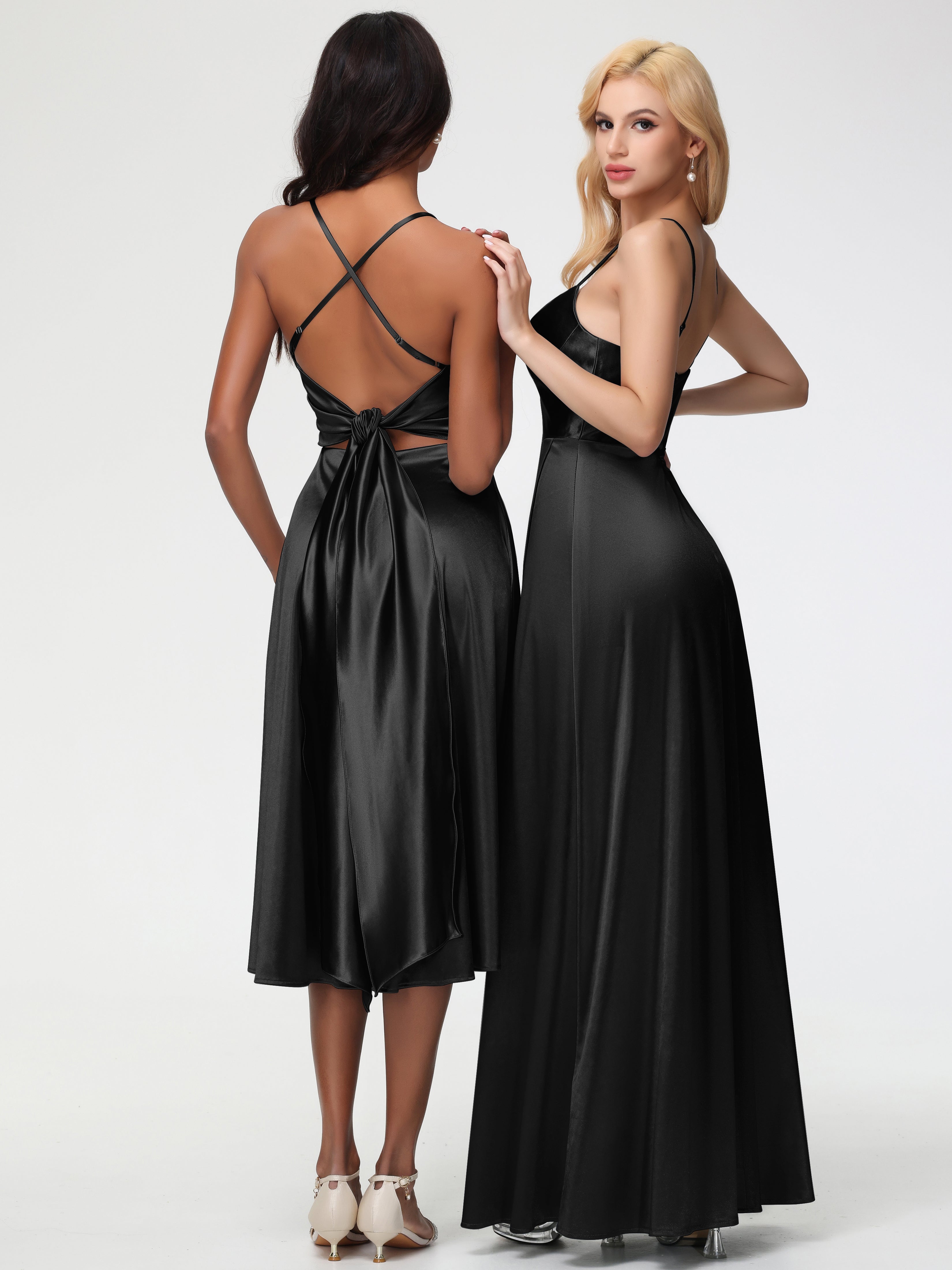 Robes De Demoiselle D'Honneur Noires Bon Marché Bretelles Spaghetti Satin Extensible Robe Demoiselle D Honneur Asymétrique