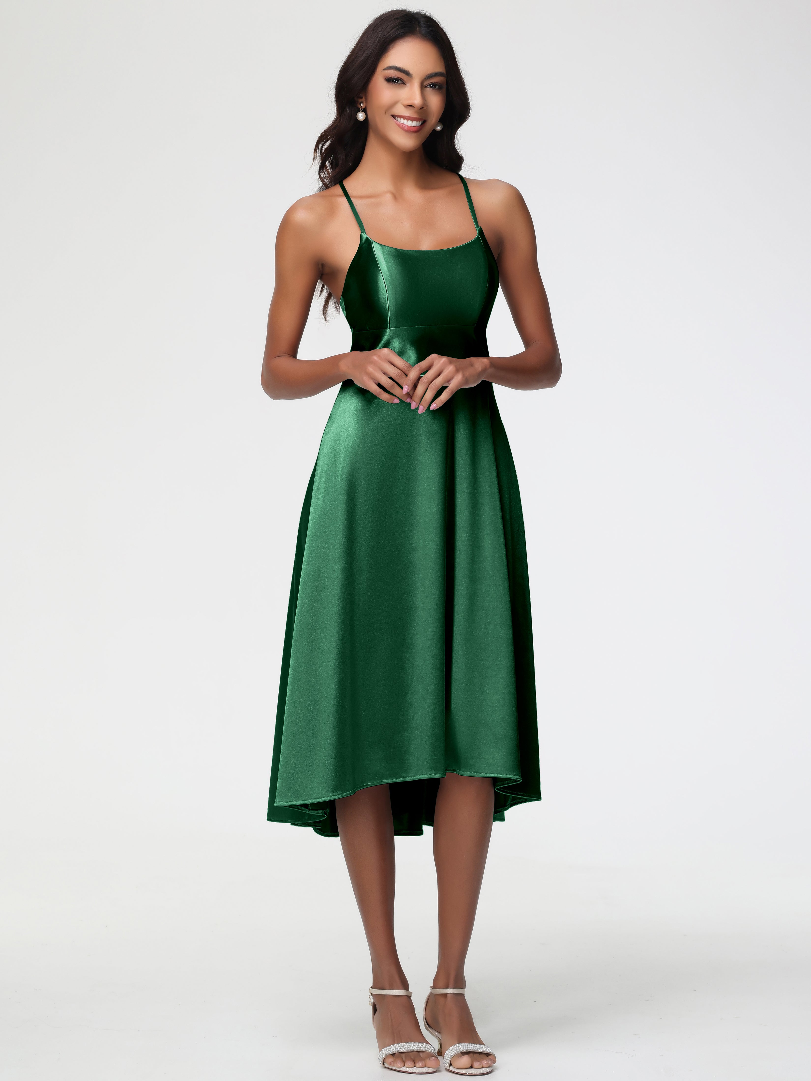 Robe Demoiselle D Honneur Vert Foncé Bretelles Spaghetti Satin Extensible Robe Demoiselle D Honneur Asymétrique