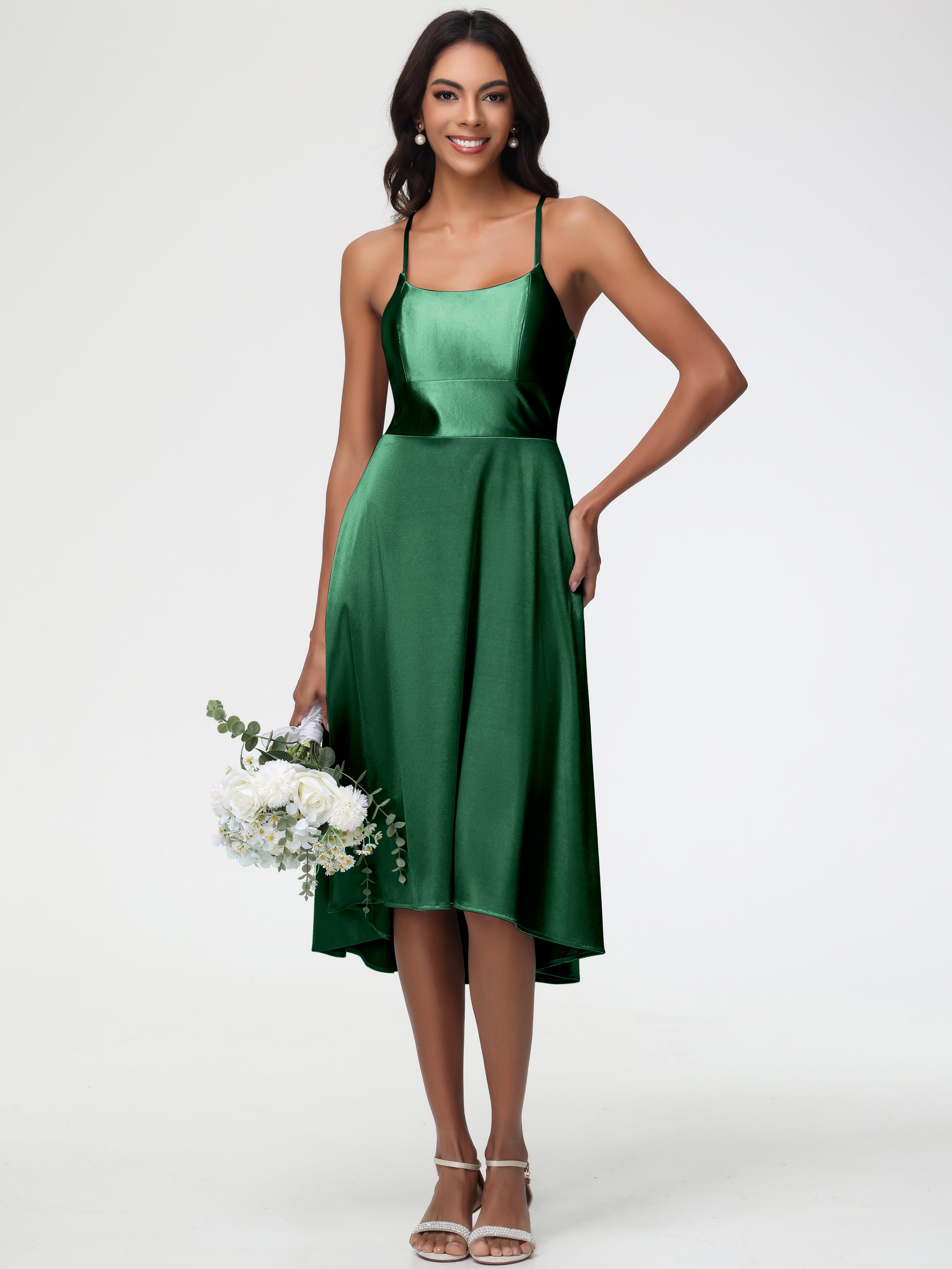 Robe Demoiselle D Honneur Vert Foncé Bretelles Spaghetti Satin Extensible Robe Demoiselle D Honneur Asymétrique
