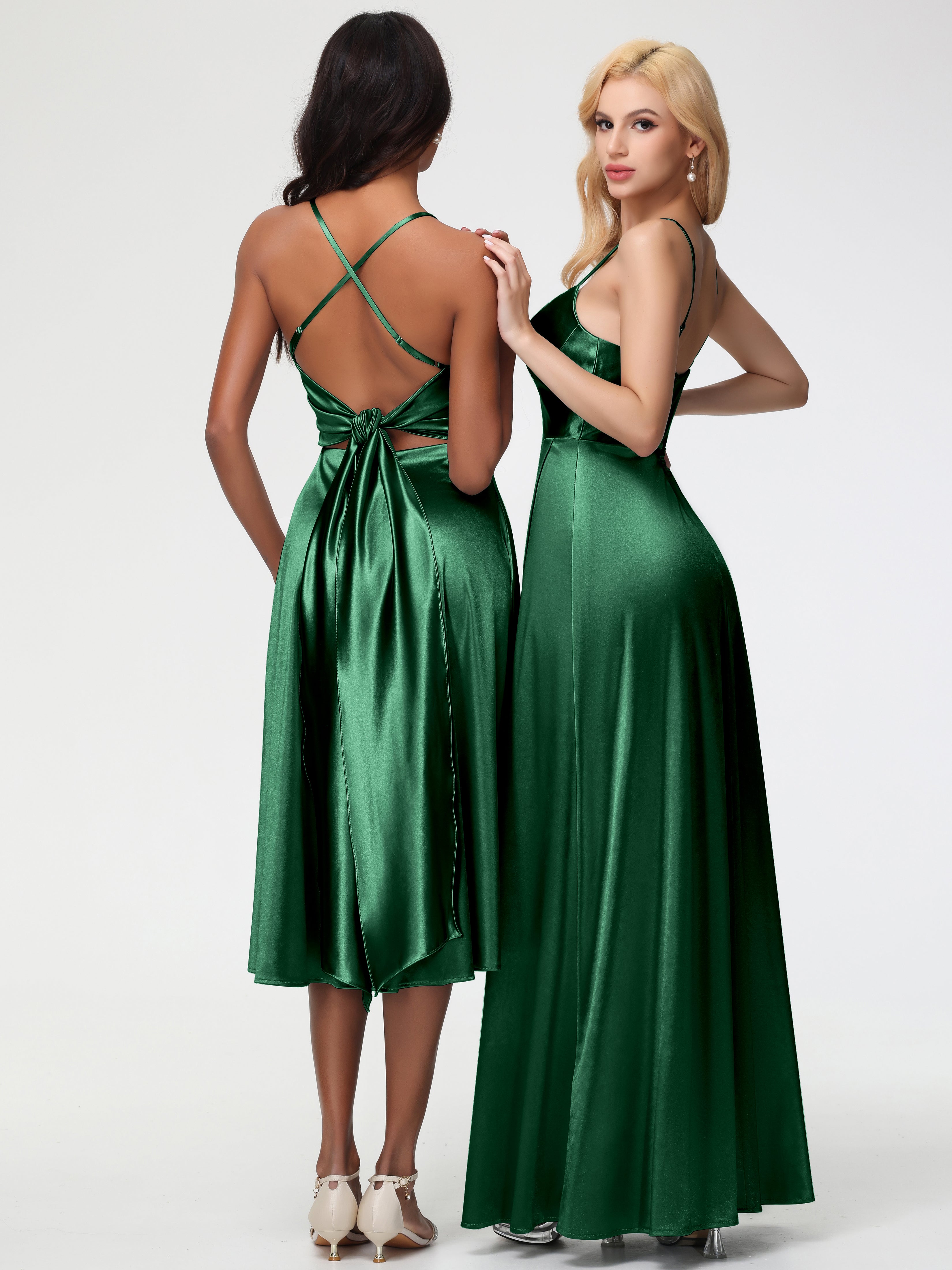 Robe Demoiselle D Honneur Vert Foncé Bretelles Spaghetti Satin Extensible Robe Demoiselle D Honneur Asymétrique