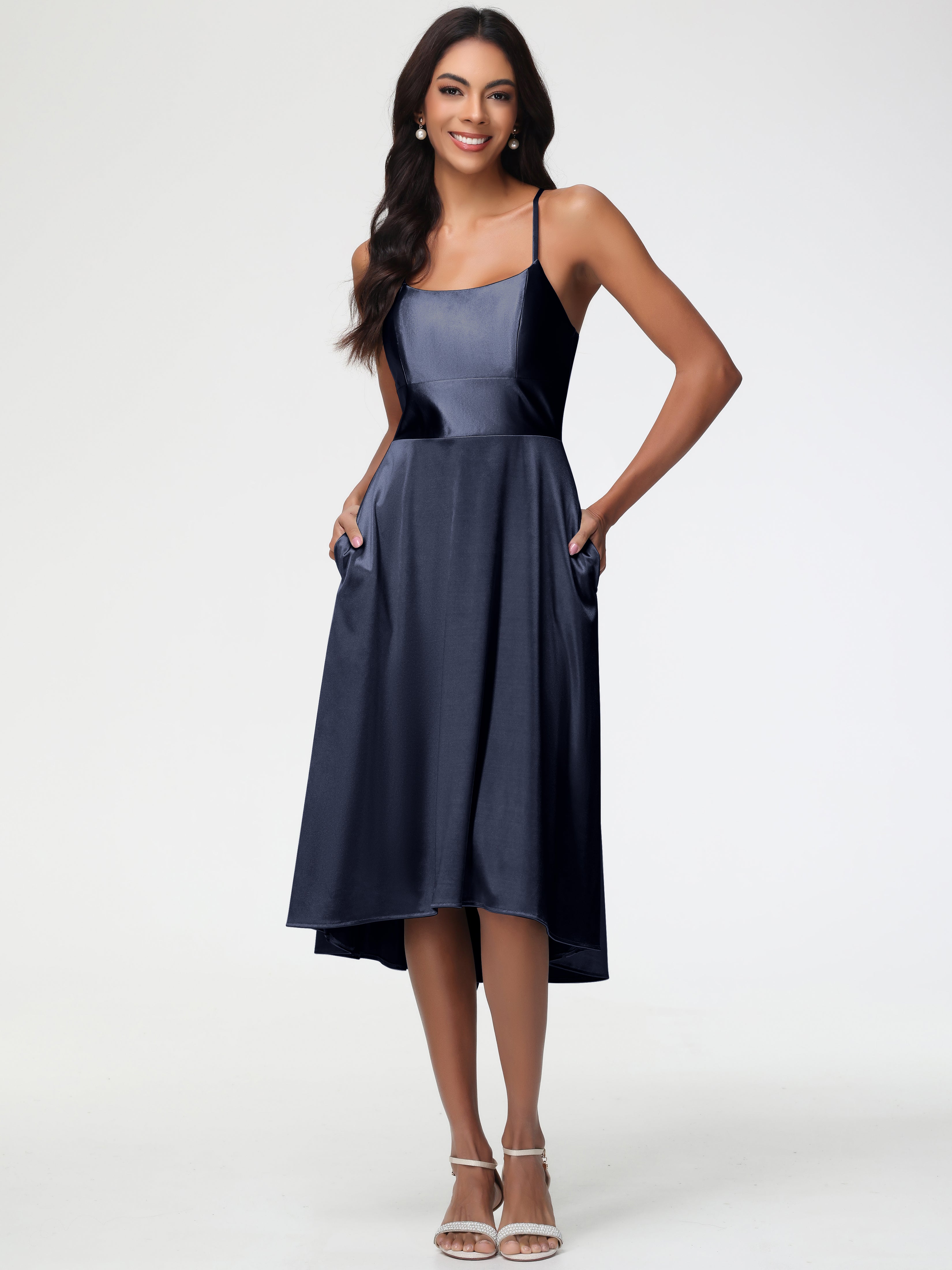 Robes De Demoiselle D'Honneur Bleu Marine Modestes Bretelles Spaghetti Satin Extensible Robe Demoiselle D Honneur Asymétrique