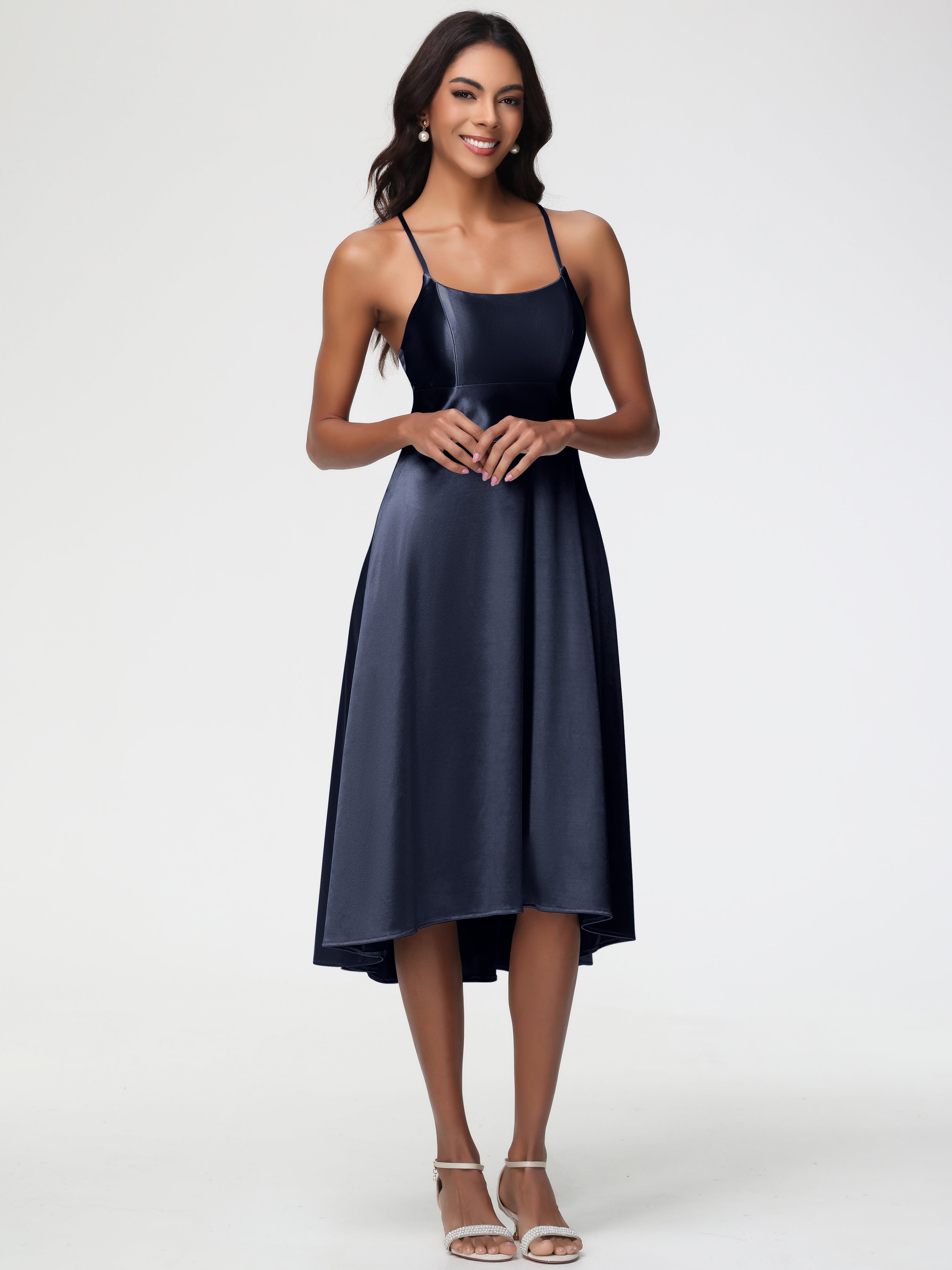 Robes De Demoiselle D'Honneur Bleu Marine Modestes Bretelles Spaghetti Satin Extensible Robe Demoiselle D Honneur Asymétrique