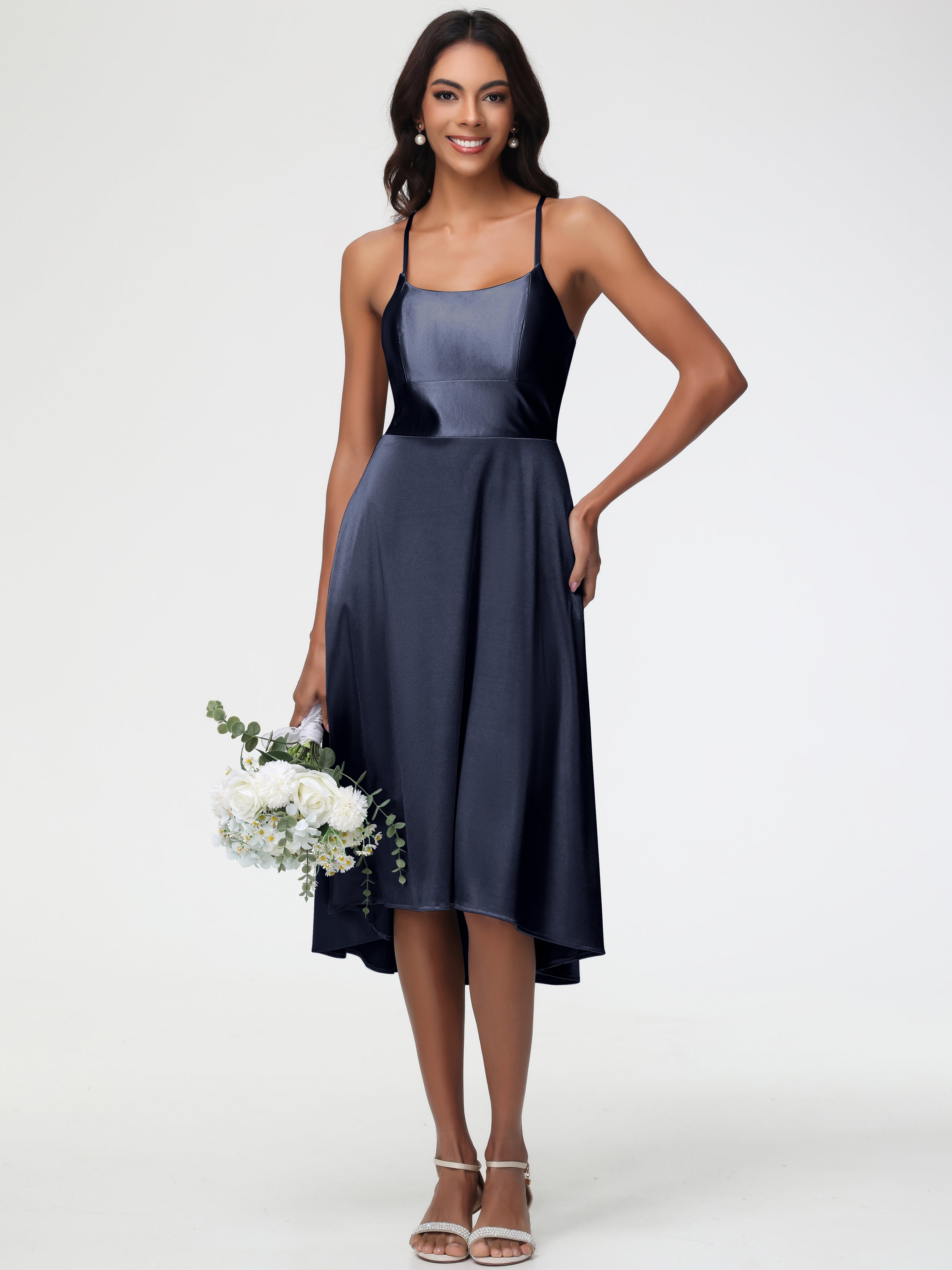 Robes De Demoiselle D'Honneur Bleu Marine Modestes Bretelles Spaghetti Satin Extensible Robe Demoiselle D Honneur Asymétrique