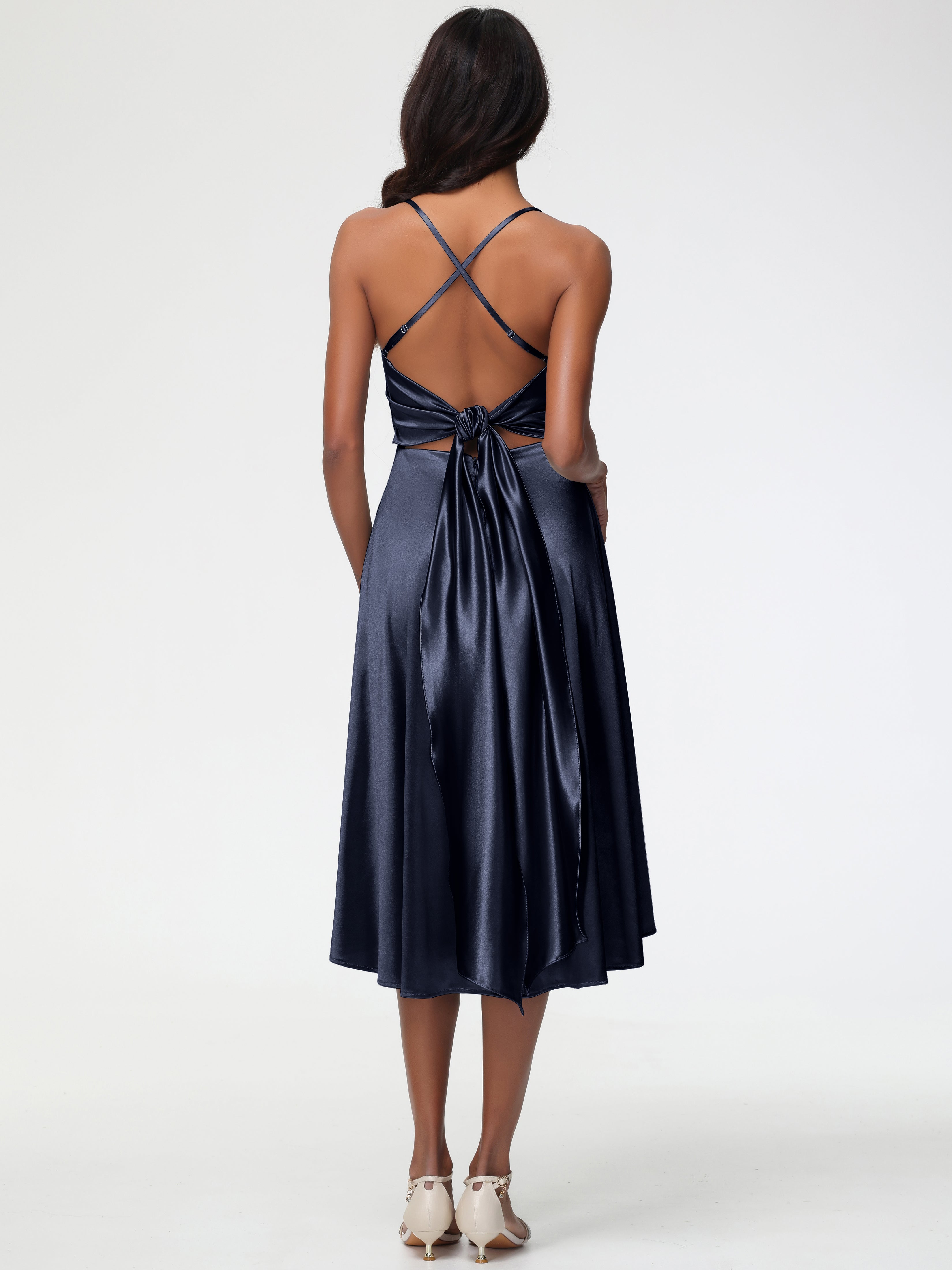 Robes De Demoiselle D'Honneur Bleu Marine Modestes Bretelles Spaghetti Satin Extensible Robe Demoiselle D Honneur Asymétrique