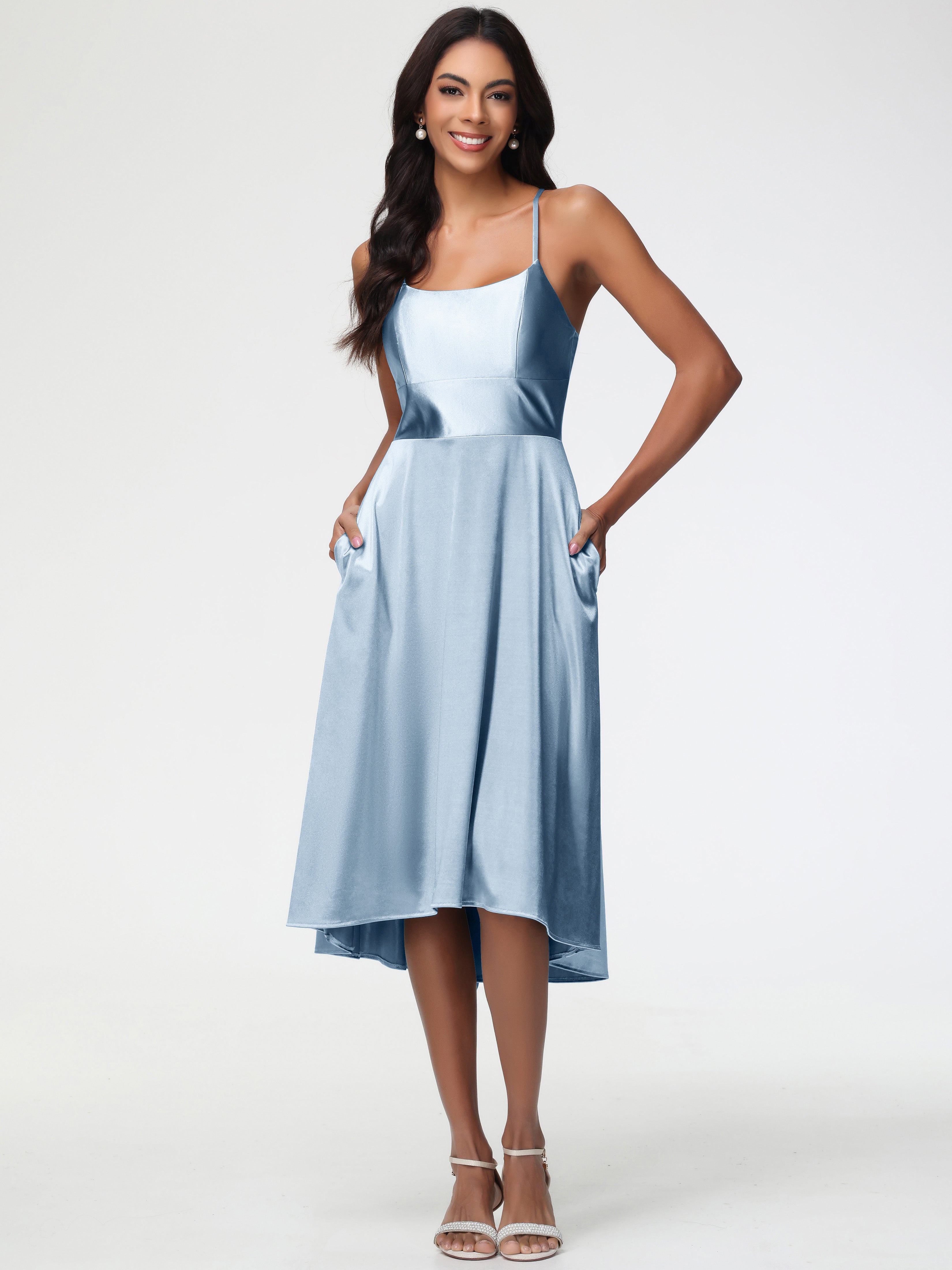 Robe Demoiselle D Honneur Bleu Poussiereux Bretelles Spaghetti Satin Extensible Robe Demoiselle D Honneur Asymétrique
