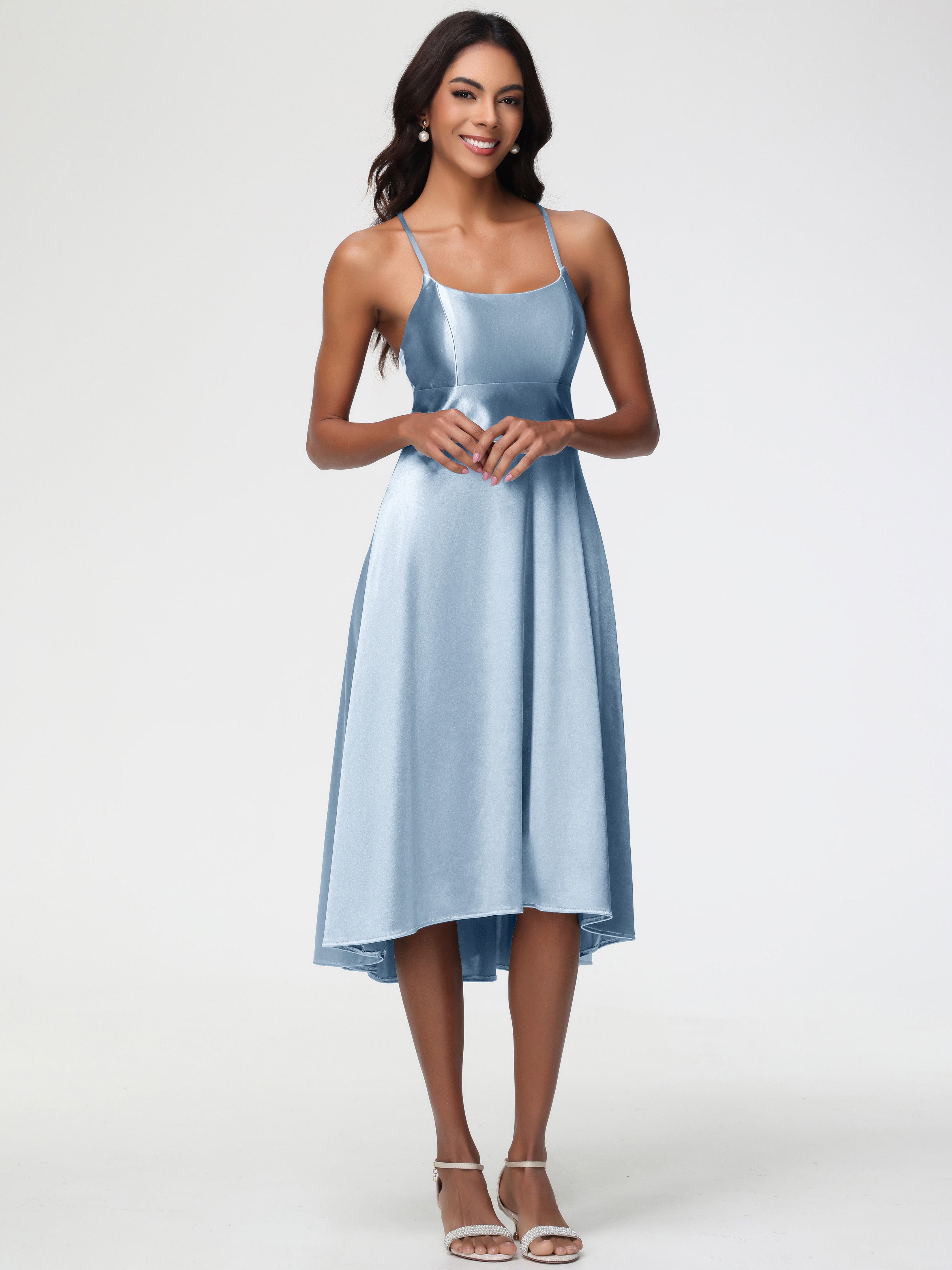 Robe Demoiselle D Honneur Bleu Poussiereux Bretelles Spaghetti Satin Extensible Robe Demoiselle D Honneur Asymétrique
