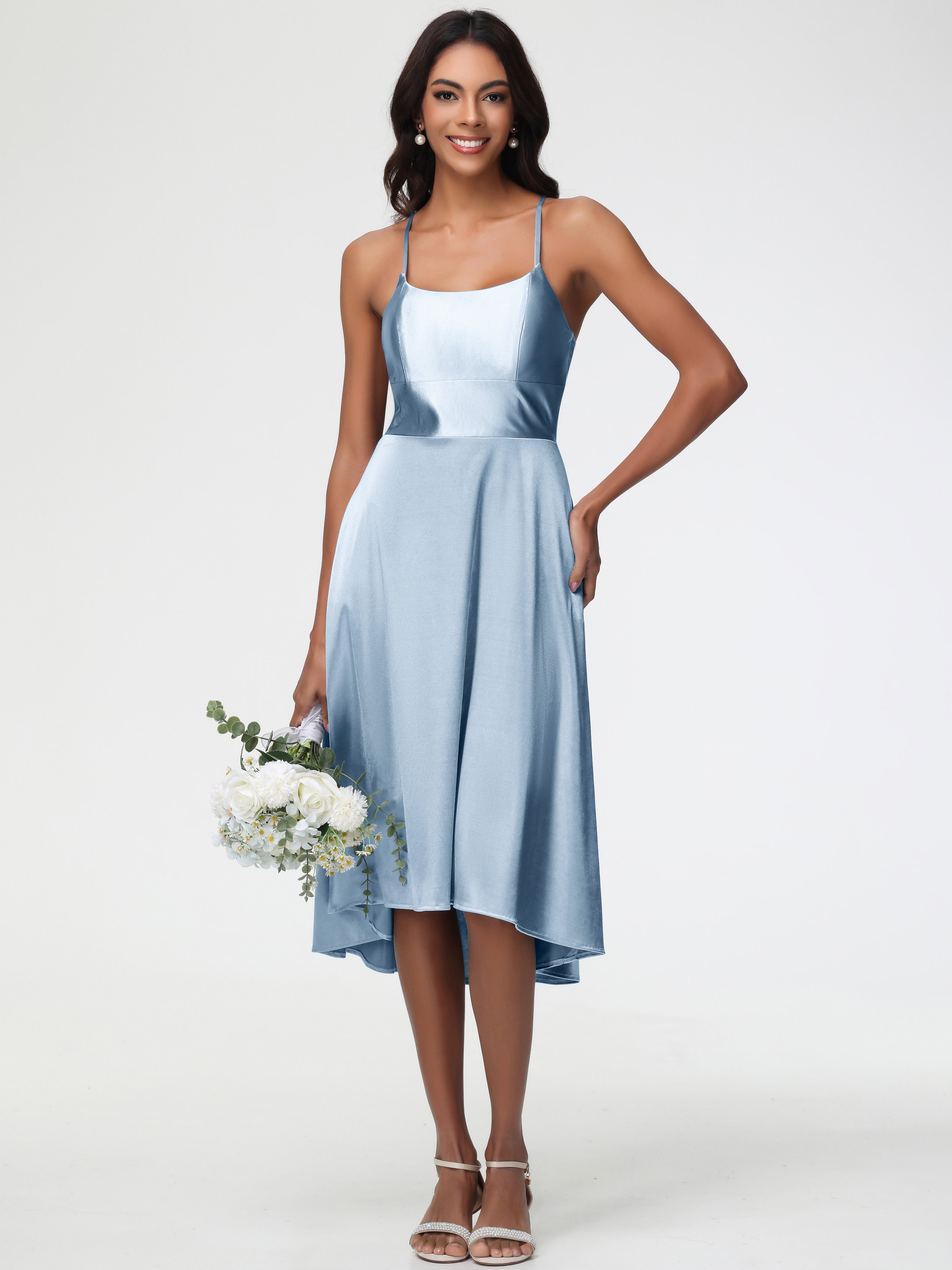 Robe Demoiselle D Honneur Bleu Poussiereux Bretelles Spaghetti Satin Extensible Robe Demoiselle D Honneur Asymétrique