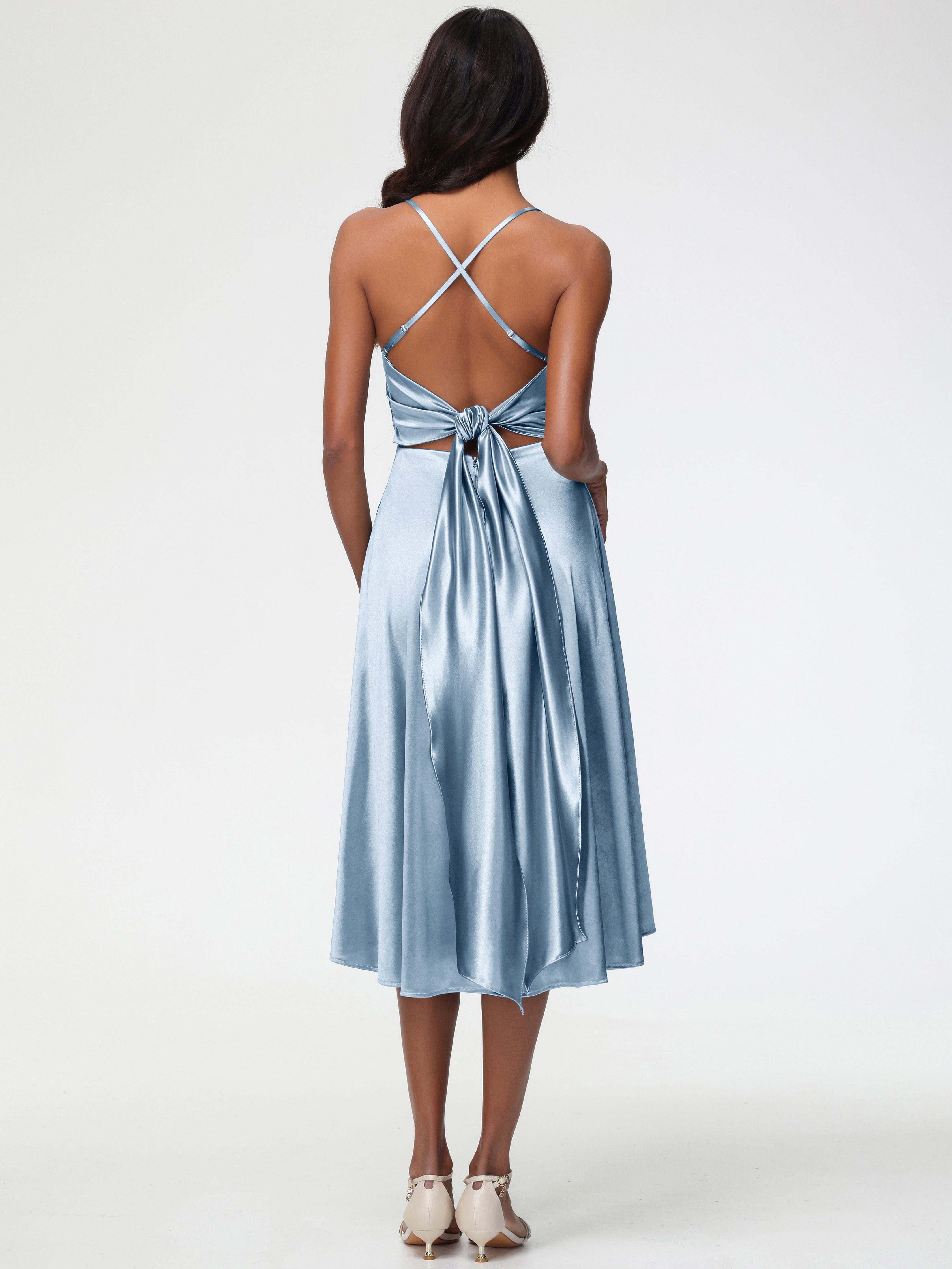 Robe Demoiselle D Honneur Bleu Poussiereux Bretelles Spaghetti Satin Extensible Robe Demoiselle D Honneur Asymétrique