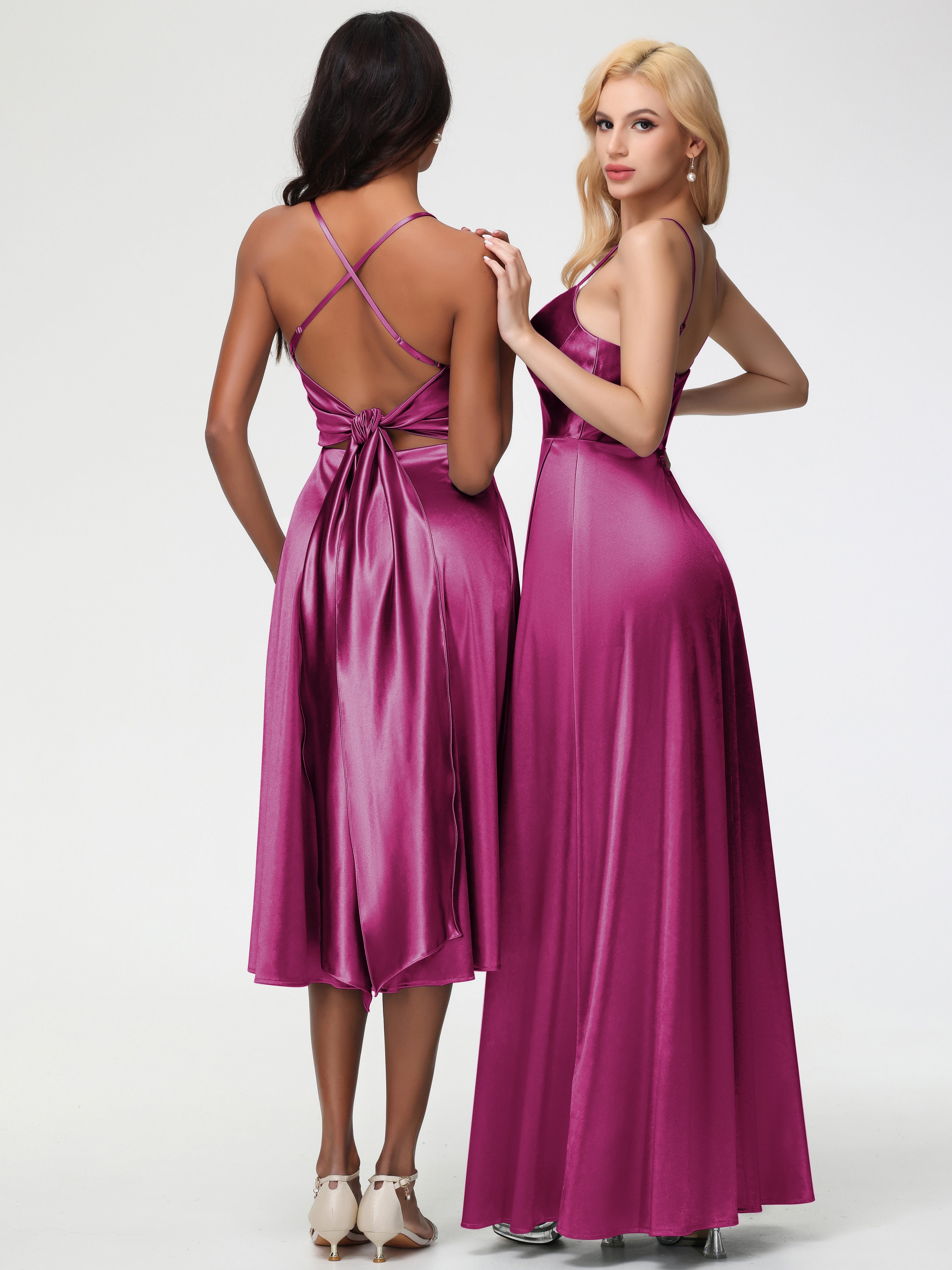 Robe Demoiselle D Honneur Fuchsia Bretelles Spaghetti Satin Extensible Robe Demoiselle D Honneur Asymétrique