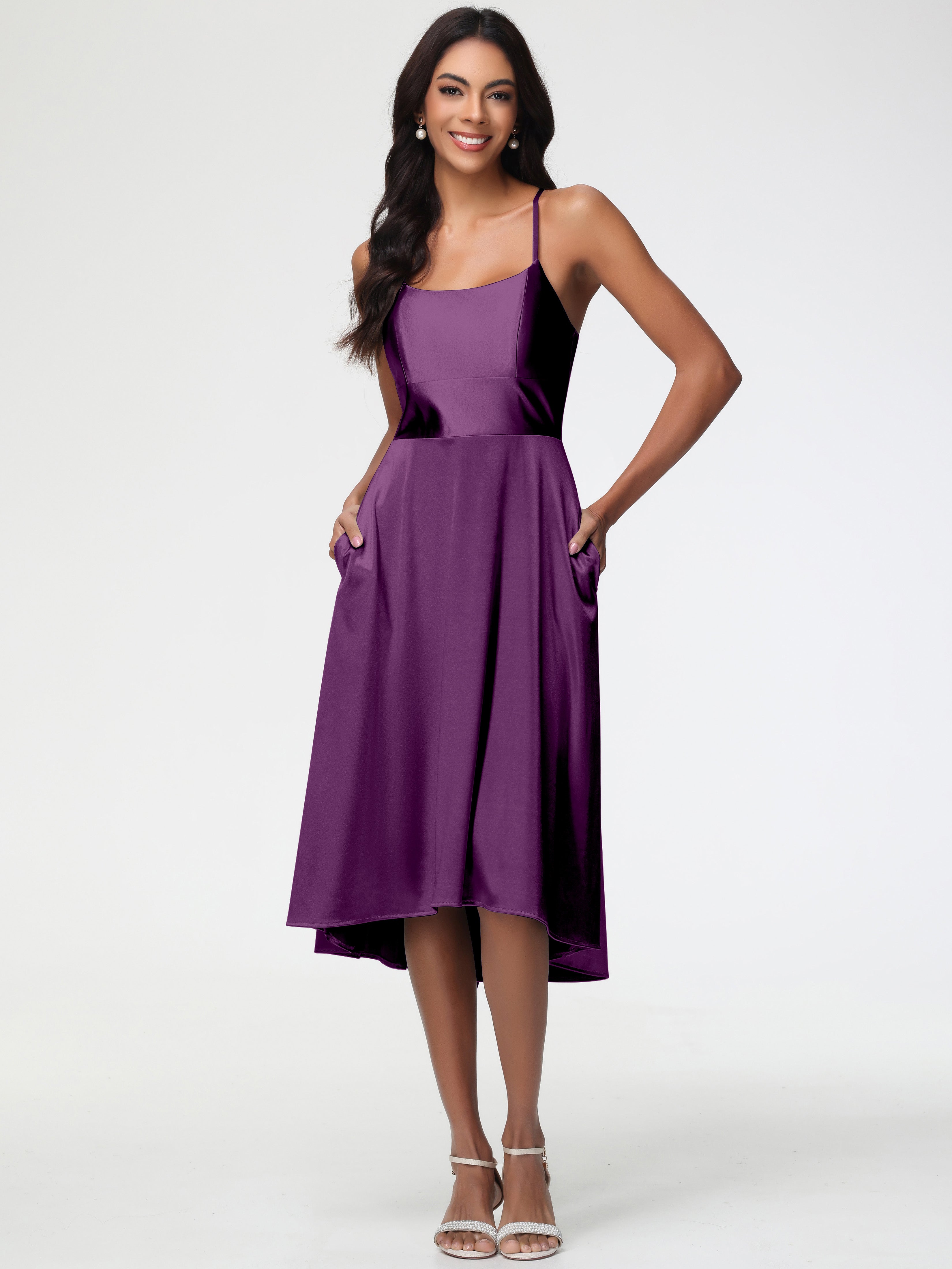 Robes De Demoiselle D'Honneur En Raisin Bretelles Spaghetti Satin Extensible Robe Demoiselle D Honneur Asymétrique