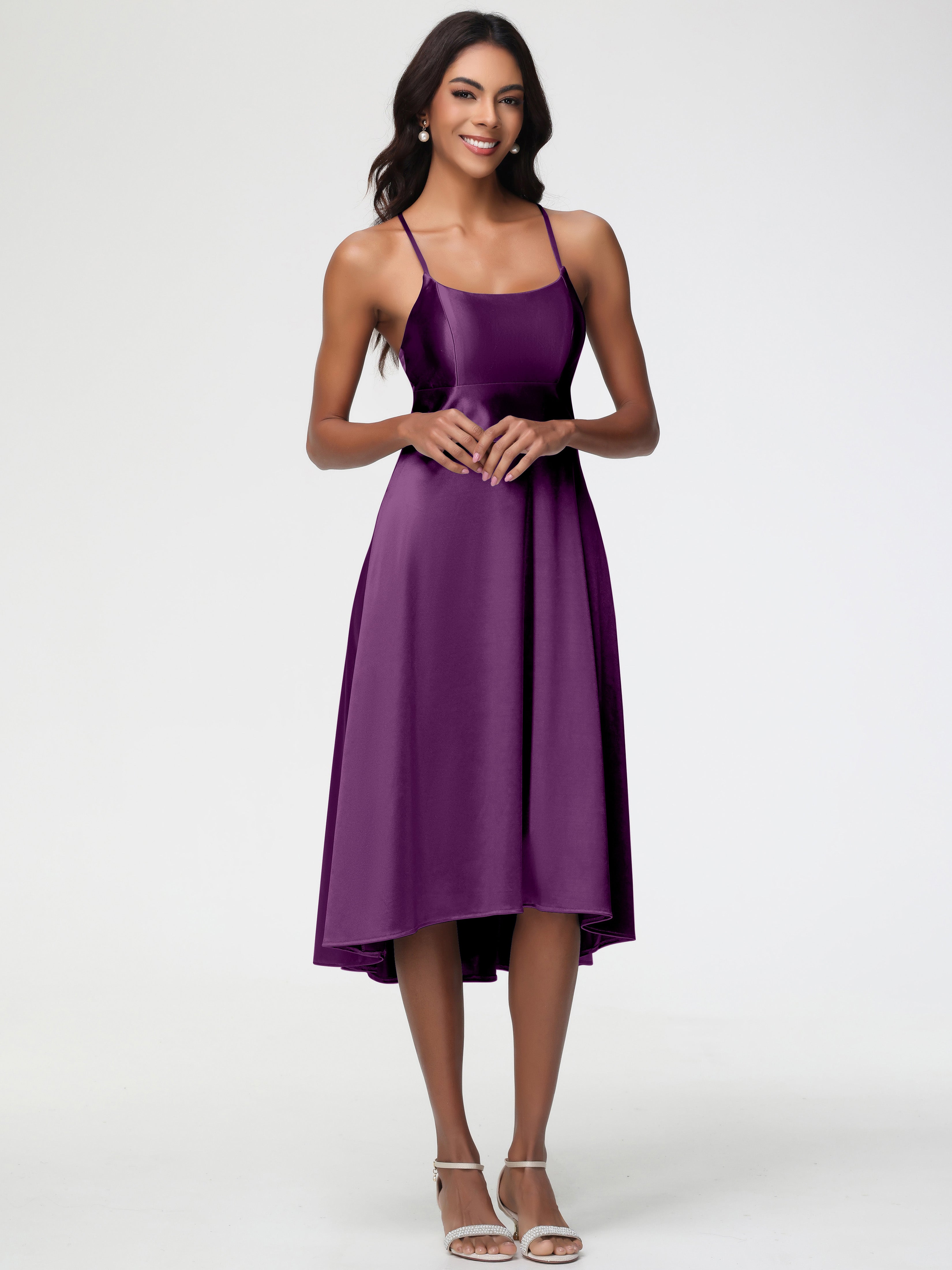 Robes De Demoiselle D'Honneur En Raisin Bretelles Spaghetti Satin Extensible Robe Demoiselle D Honneur Asymétrique