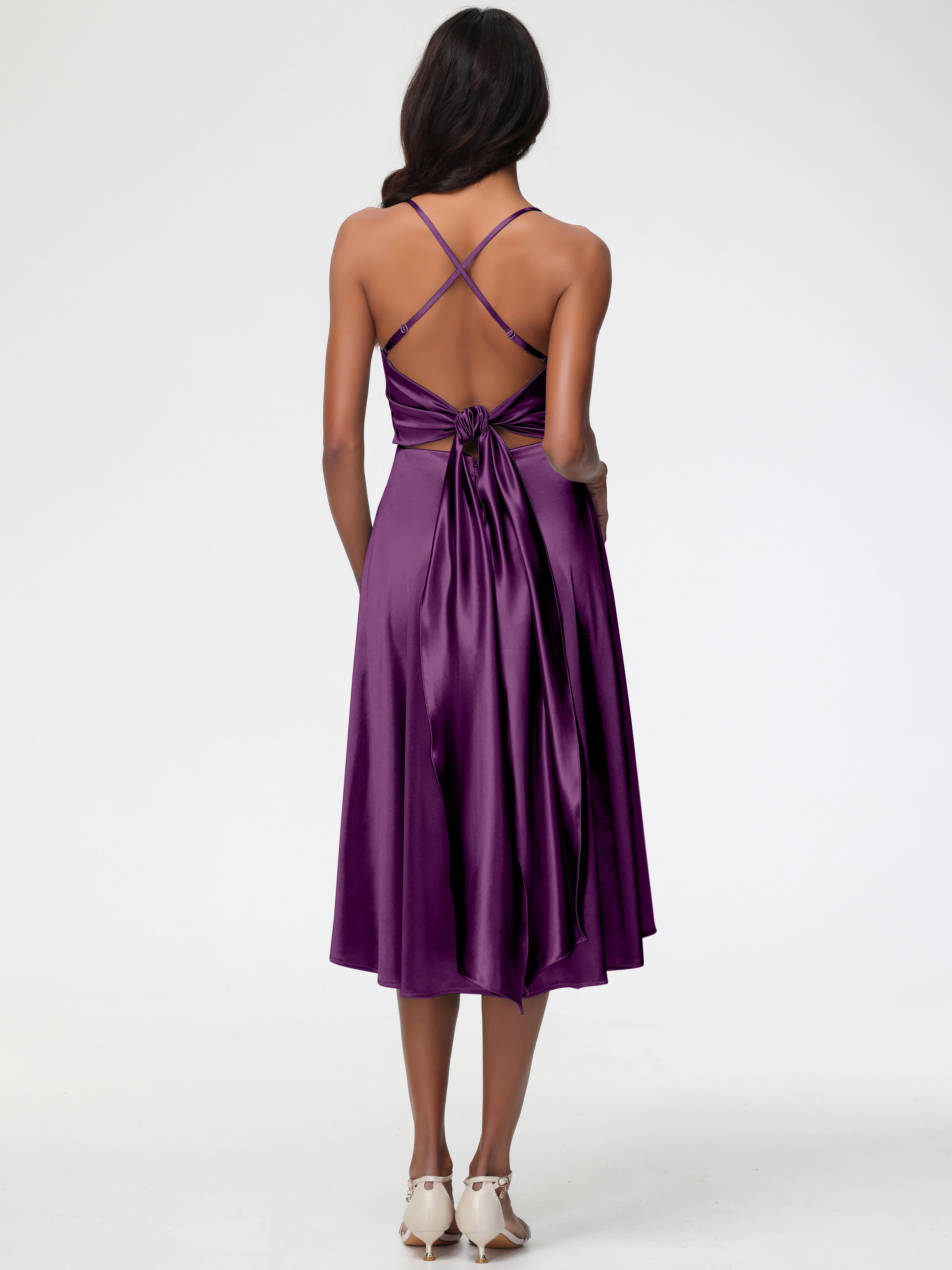 Robes De Demoiselle D'Honneur En Raisin Bretelles Spaghetti Satin Extensible Robe Demoiselle D Honneur Asymétrique