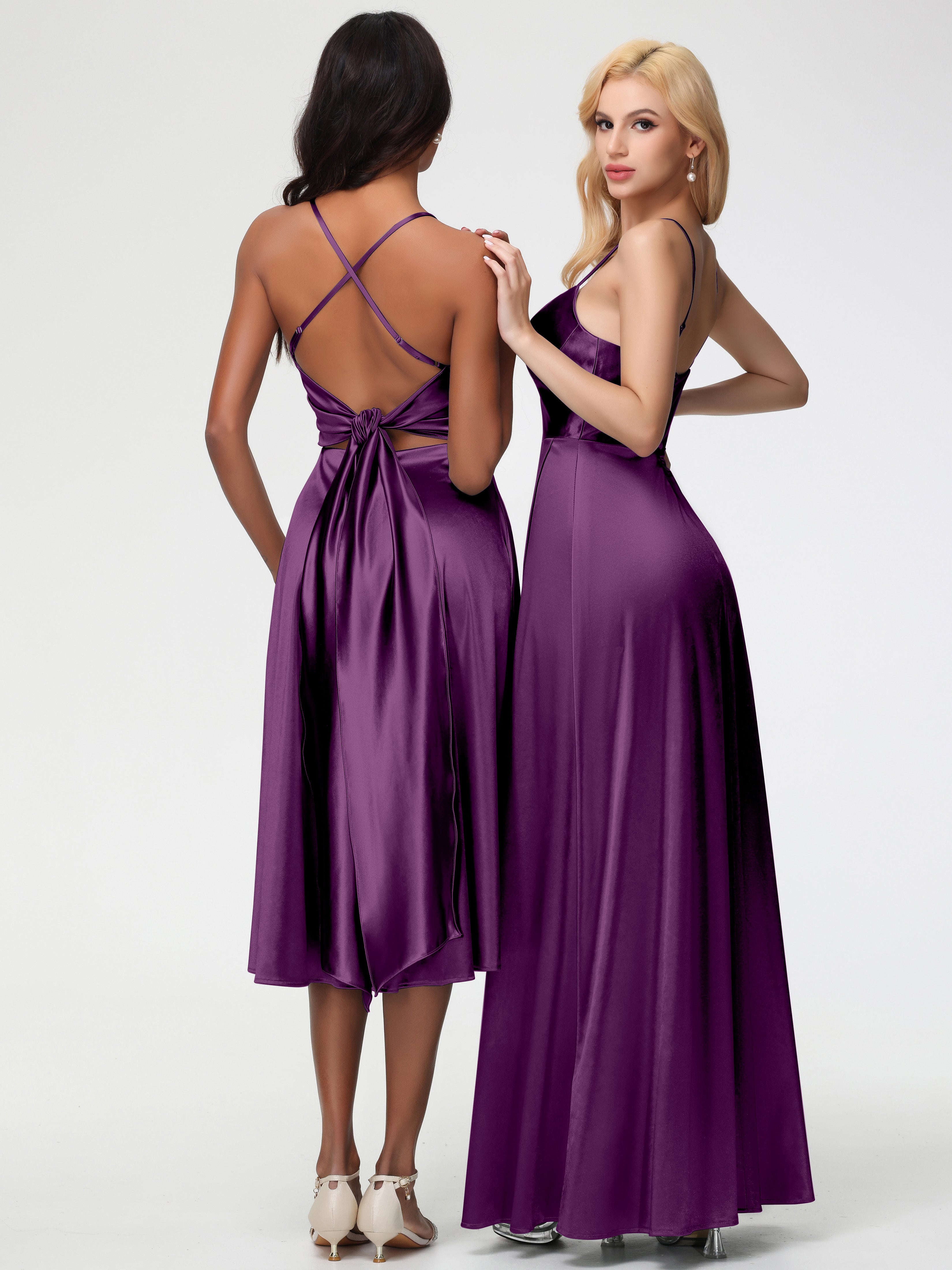 Robes De Demoiselle D'Honneur En Raisin Bretelles Spaghetti Satin Extensible Robe Demoiselle D Honneur Asymétrique