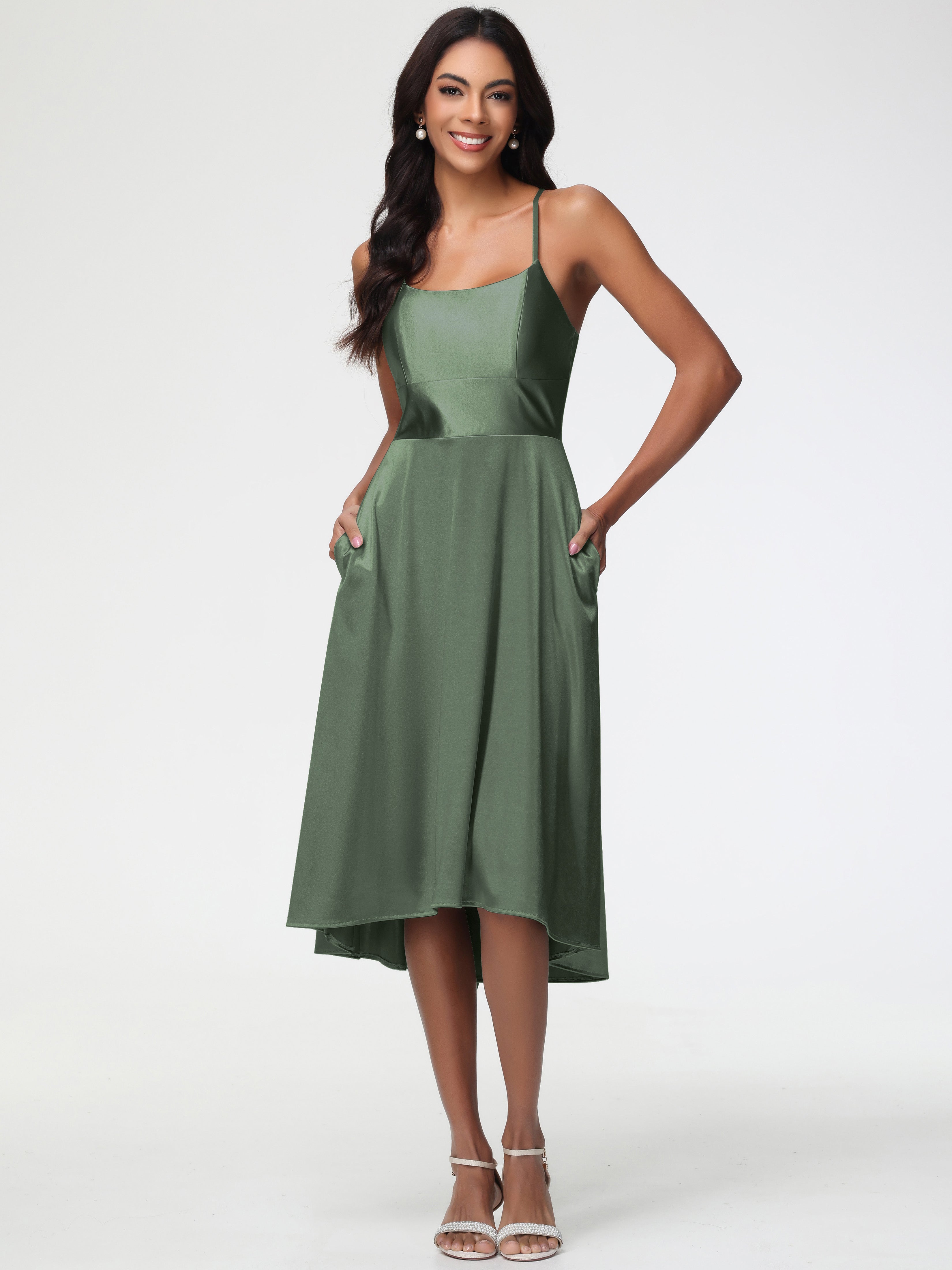 Robe Demoiselle D Honneur Vert Olive Satin Extensible Robe Demoiselle D Honneur Asymétrique