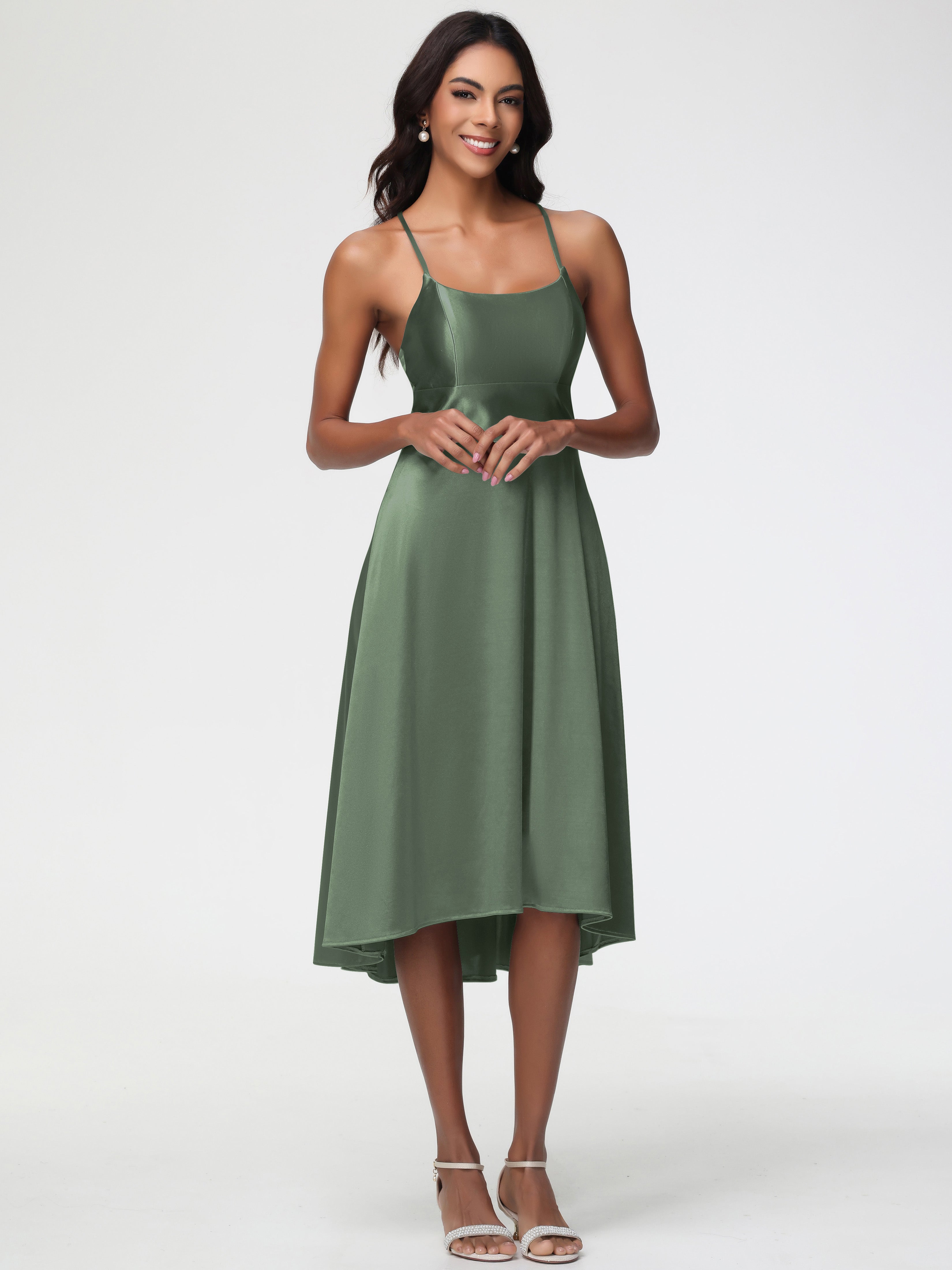 Robe Demoiselle D Honneur Vert Olive Satin Extensible Robe Demoiselle D Honneur Asymétrique