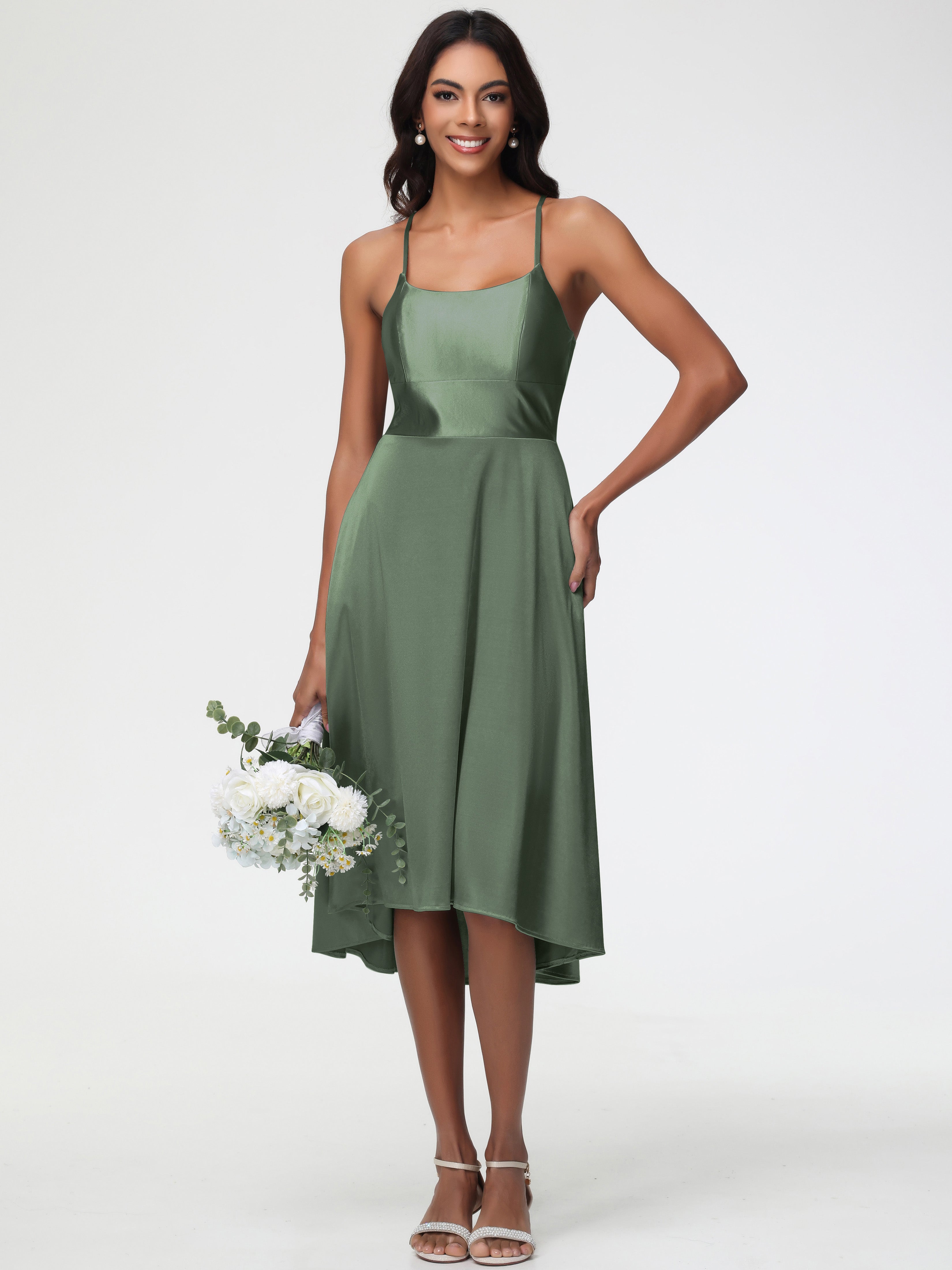 Robe Demoiselle D Honneur Vert Olive Satin Extensible Robe Demoiselle D Honneur Asymétrique