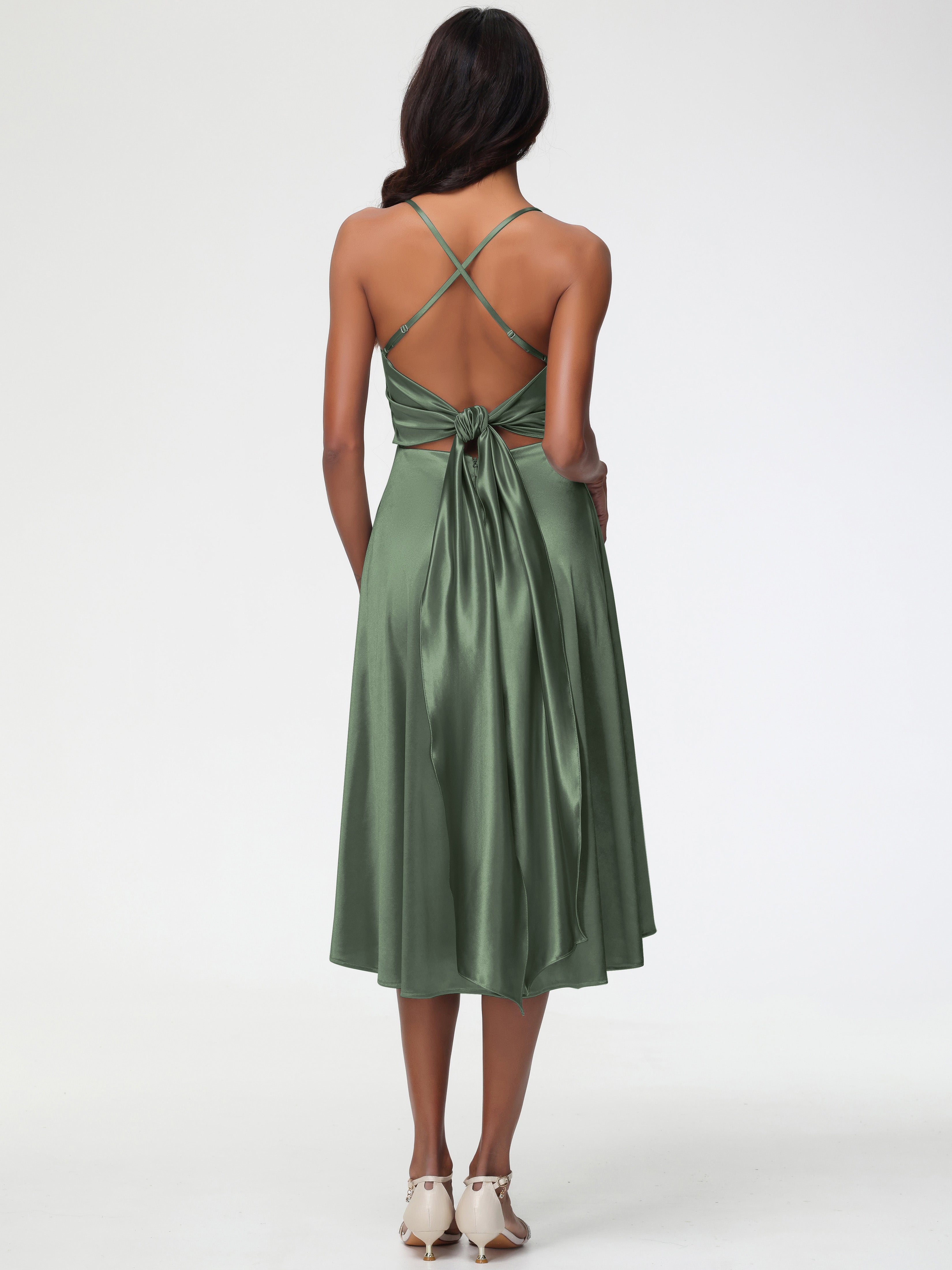 Robe Demoiselle D Honneur Vert Olive Satin Extensible Robe Demoiselle D Honneur Asymétrique