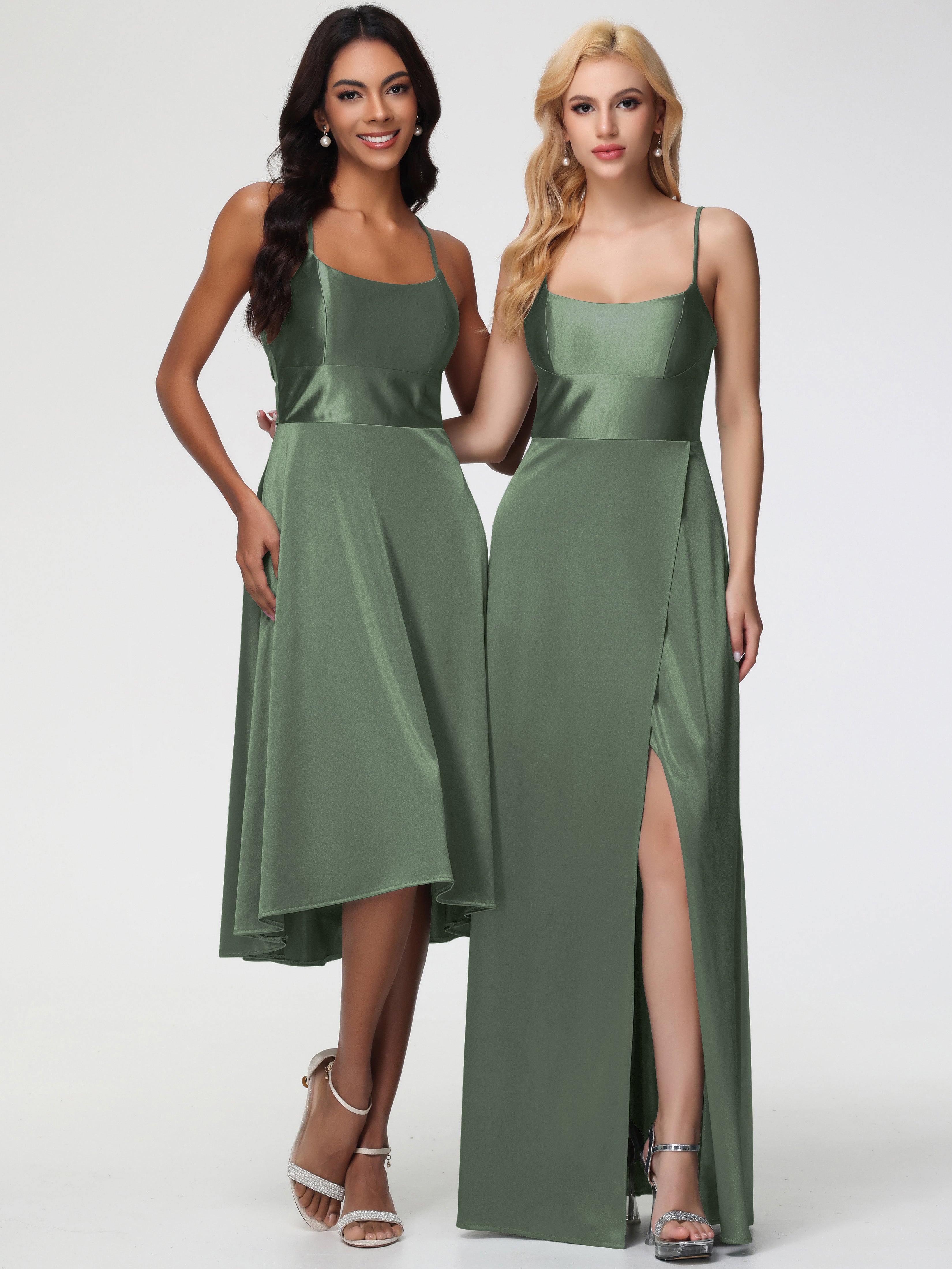 Robe Demoiselle D Honneur Vert Olive Satin Extensible Robe Demoiselle D Honneur Asymétrique