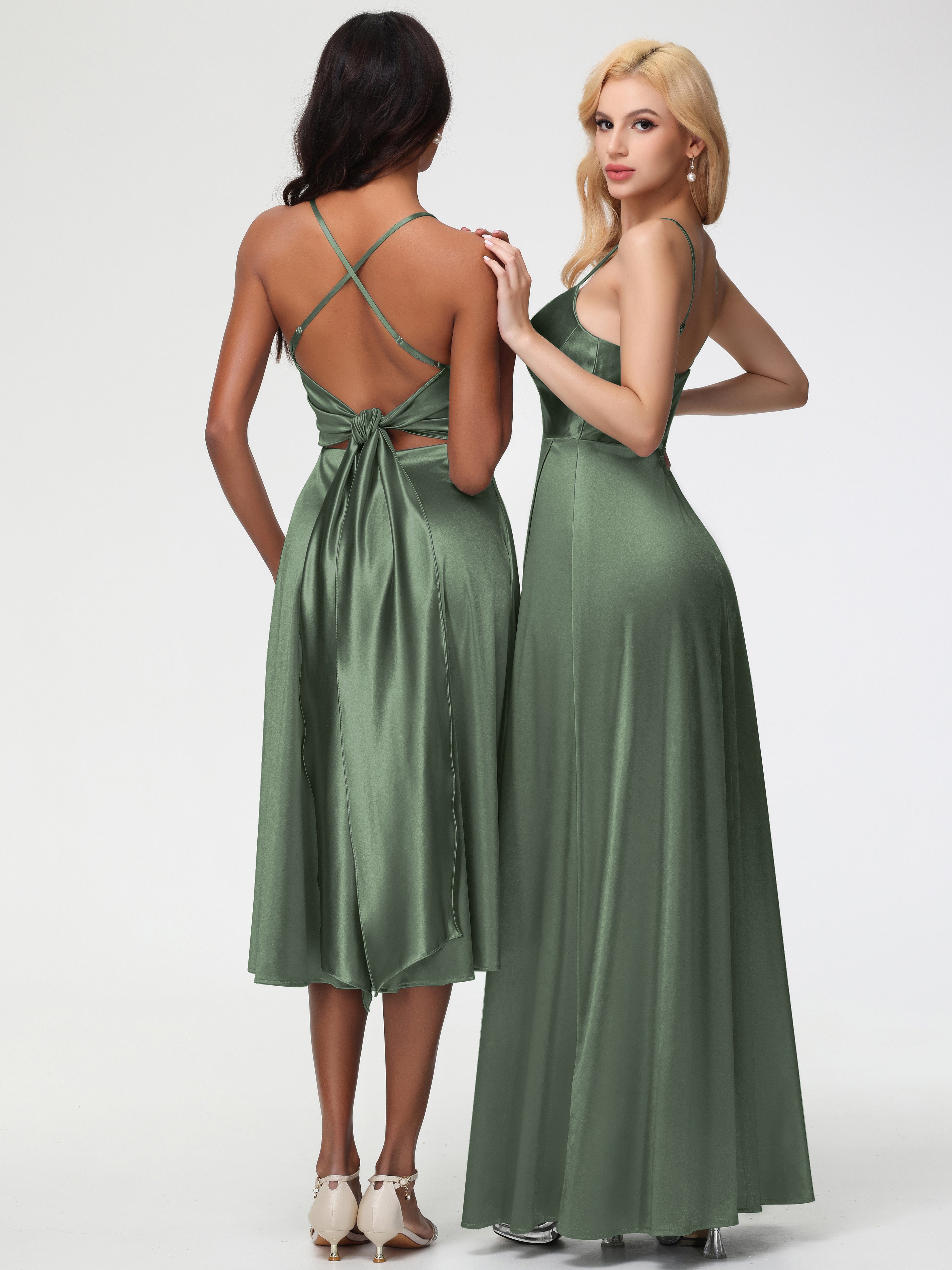 Robe Demoiselle D Honneur Vert Olive Satin Extensible Robe Demoiselle D Honneur Asymétrique
