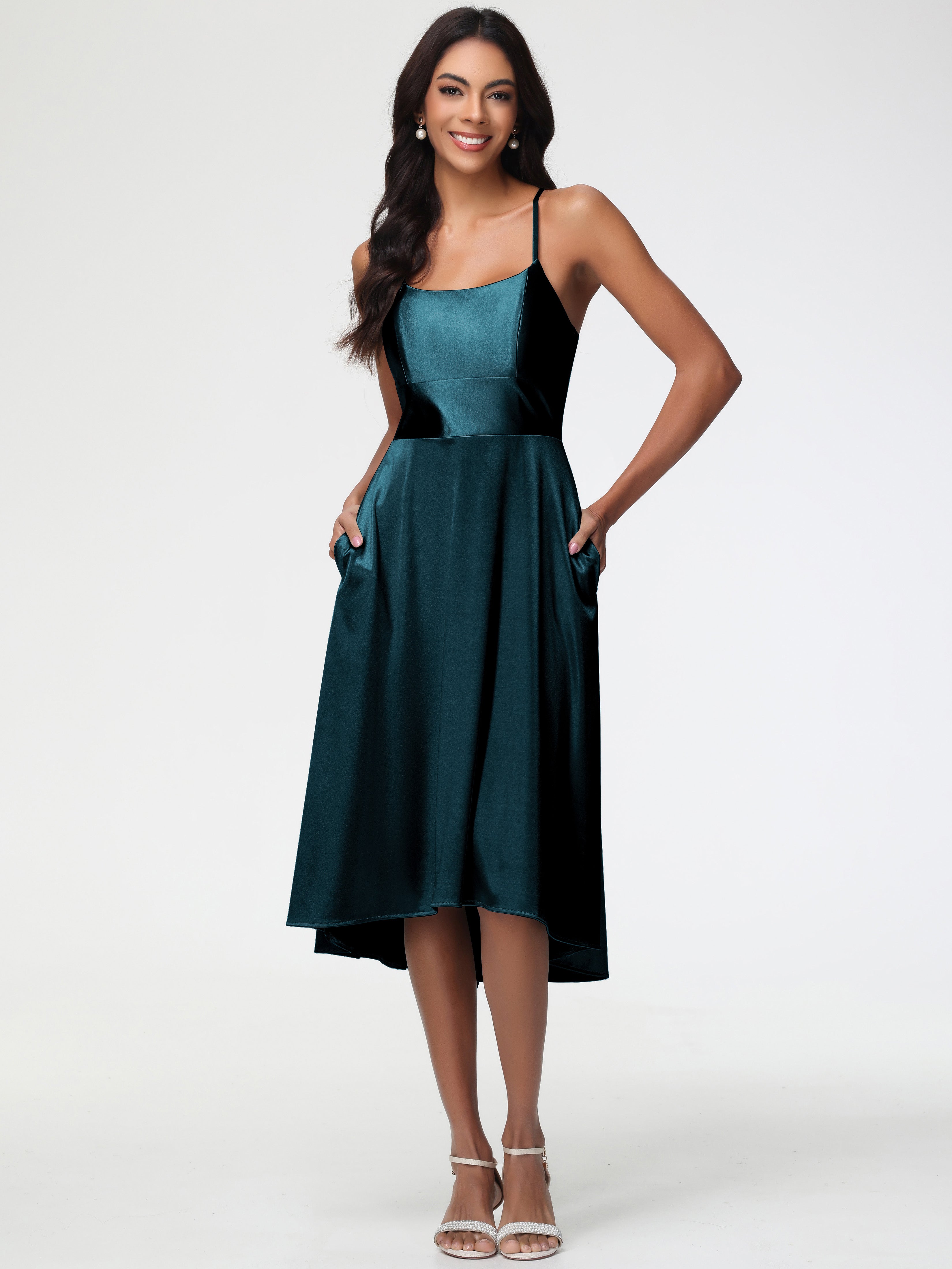 Robe Demoiselle D Honneur Bleu Paon Bretelles Spaghetti Satin Extensible Robe Demoiselle D Honneur Asymétrique