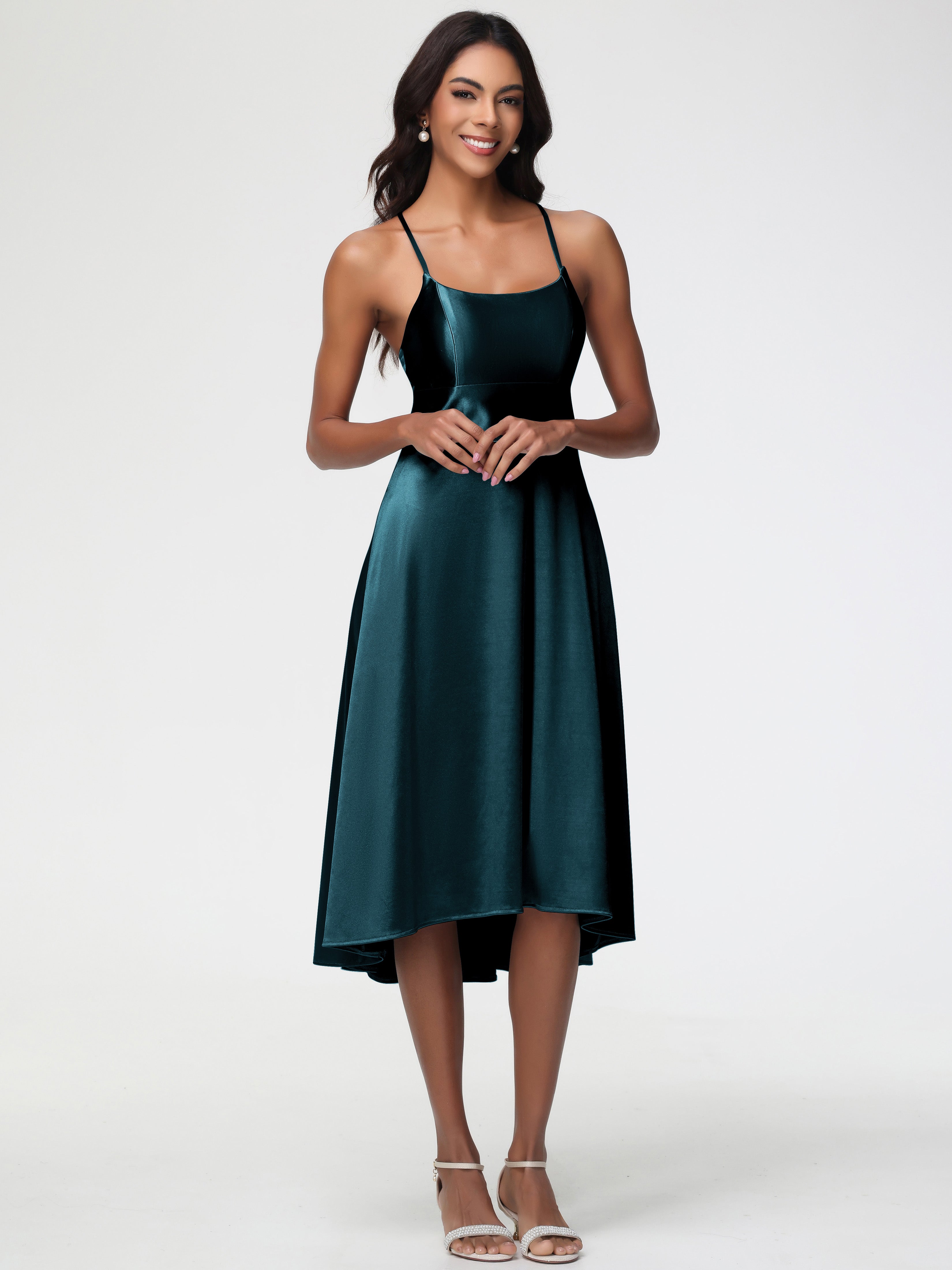 Robe Demoiselle D Honneur Bleu Paon Bretelles Spaghetti Satin Extensible Robe Demoiselle D Honneur Asymétrique
