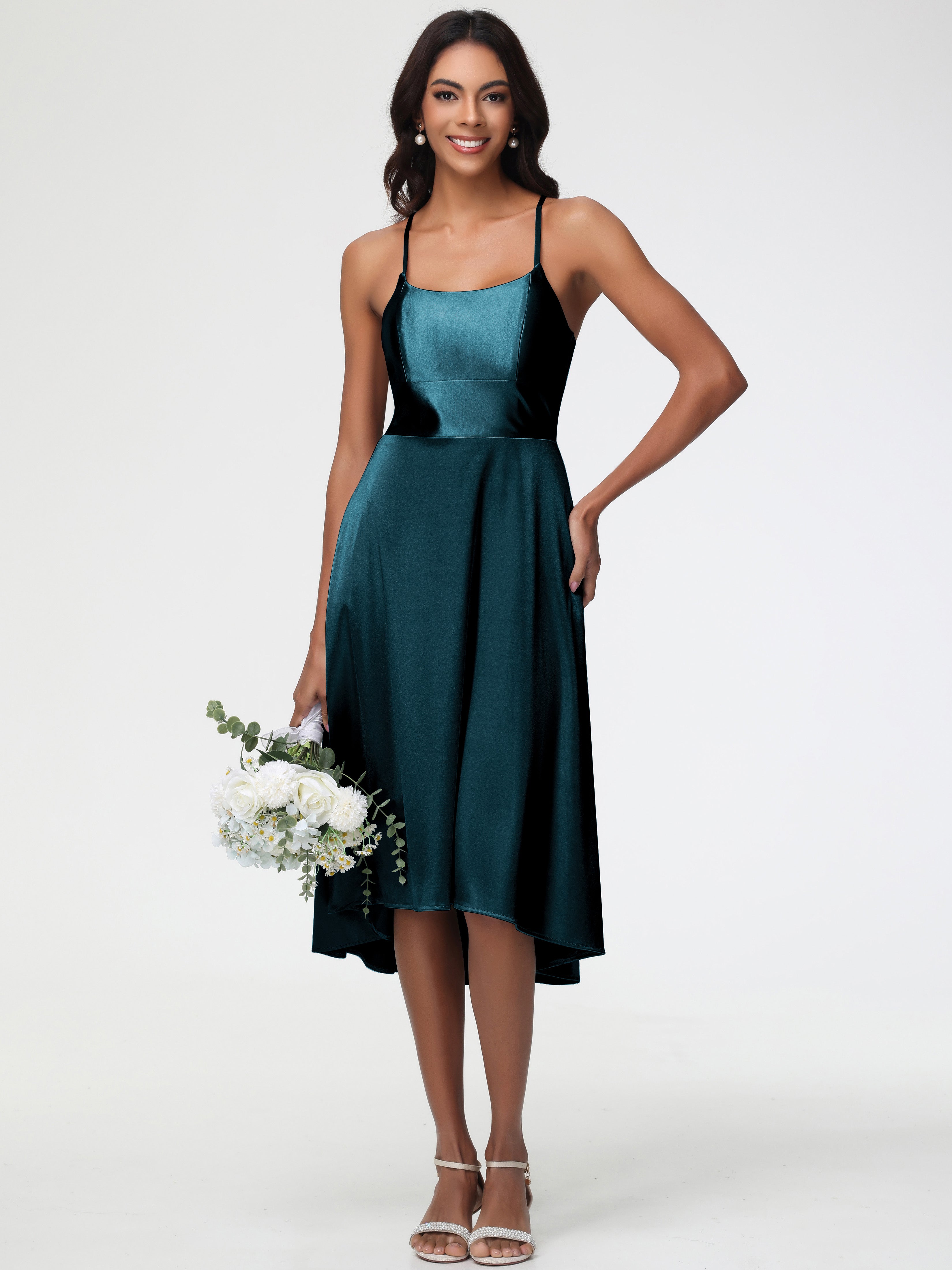 Robe Demoiselle D Honneur Bleu Paon Bretelles Spaghetti Satin Extensible Robe Demoiselle D Honneur Asymétrique