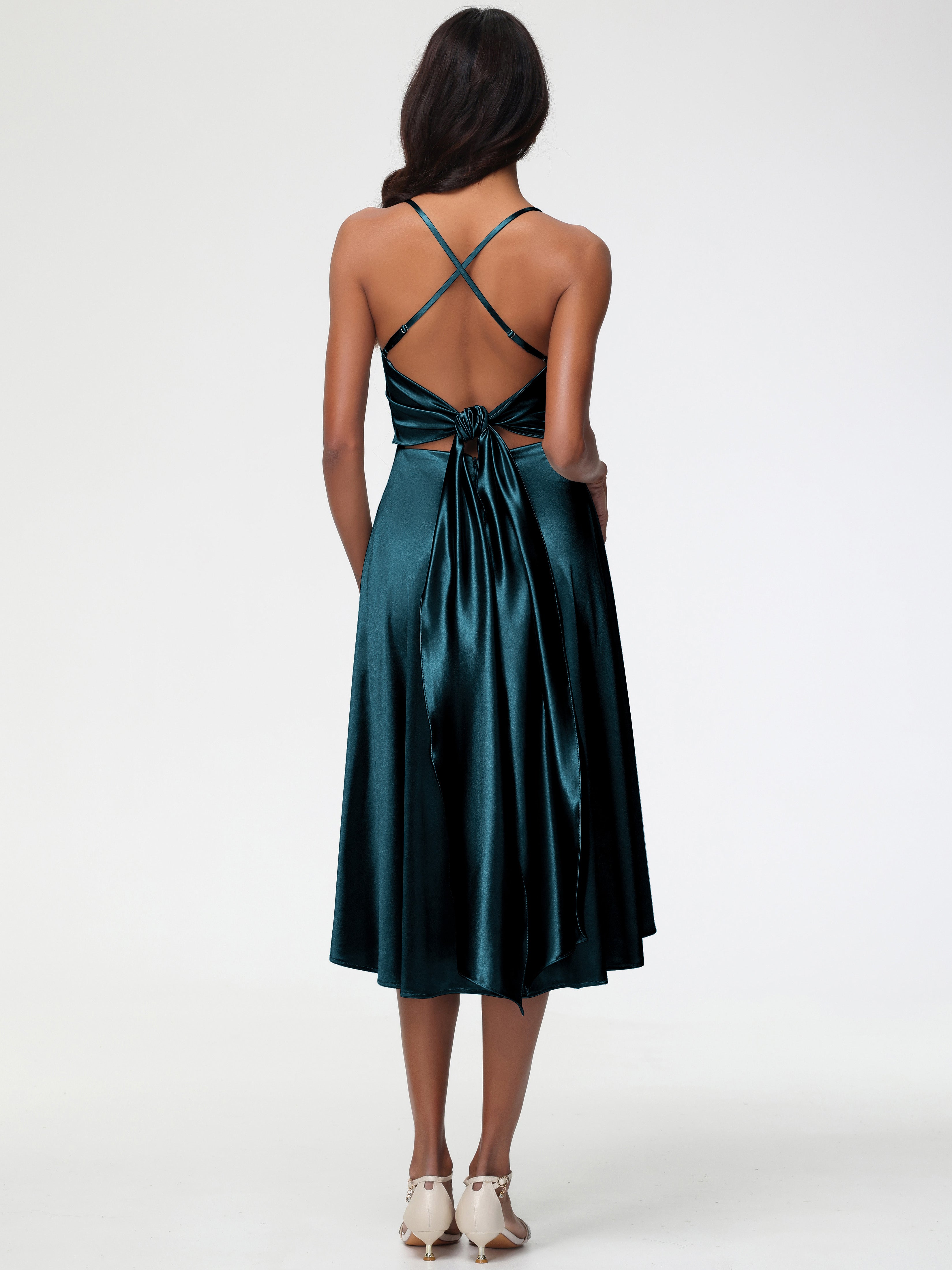 Robe Demoiselle D Honneur Bleu Paon Bretelles Spaghetti Satin Extensible Robe Demoiselle D Honneur Asymétrique