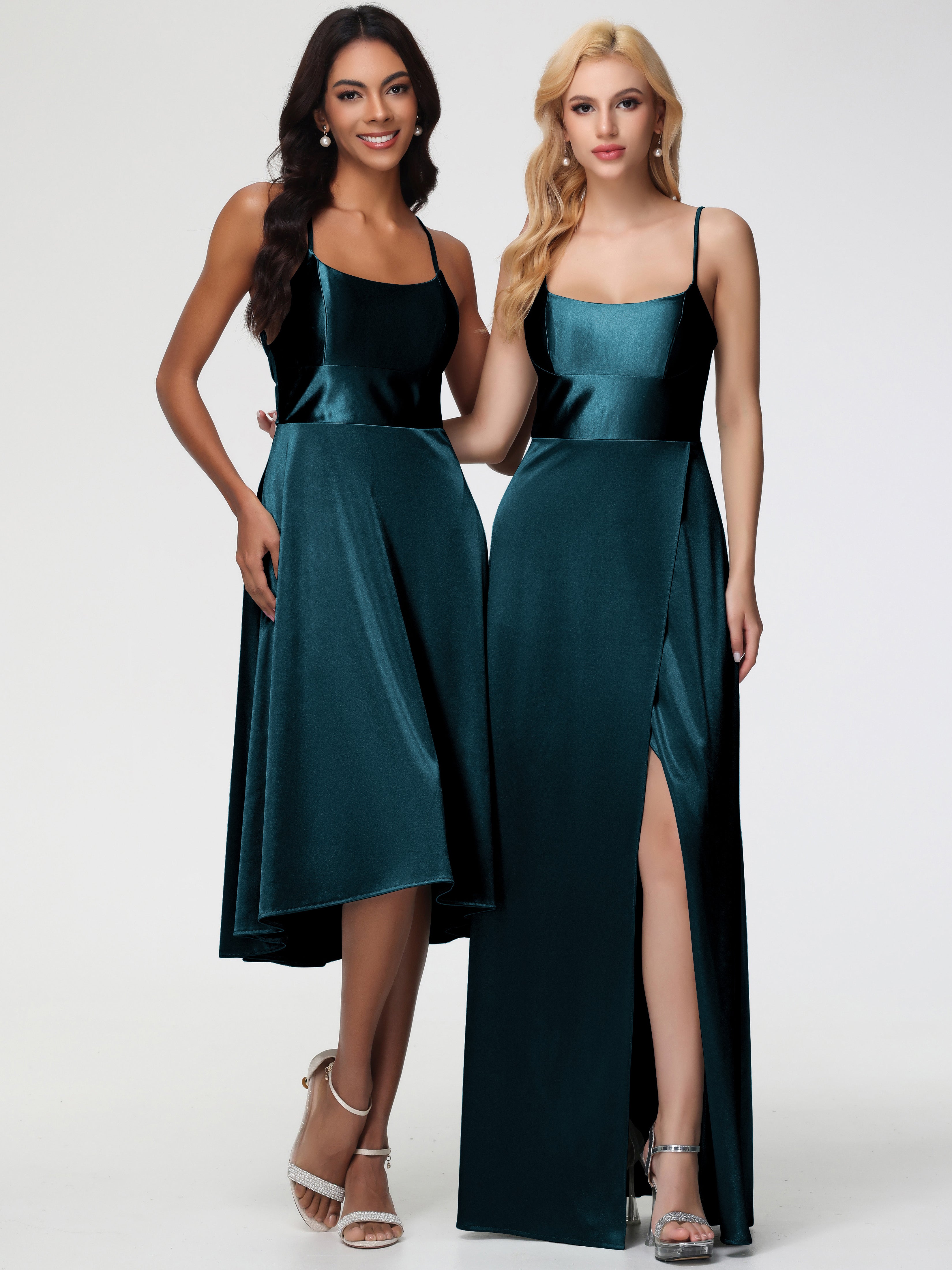 Robe Demoiselle D Honneur Bleu Paon Bretelles Spaghetti Satin Extensible Robe Demoiselle D Honneur Asymétrique