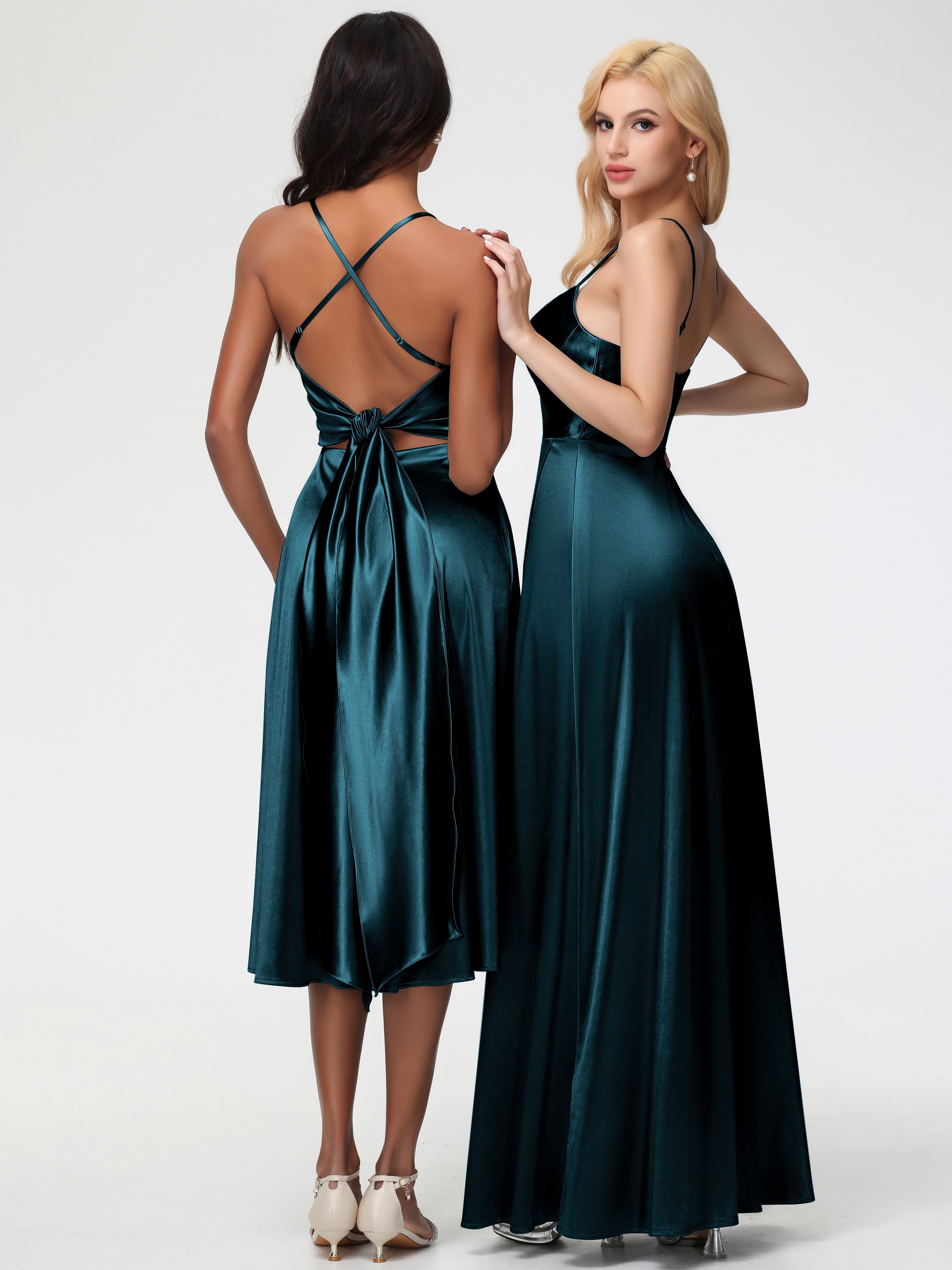 Robe Demoiselle D Honneur Bleu Paon Bretelles Spaghetti Satin Extensible Robe Demoiselle D Honneur Asymétrique