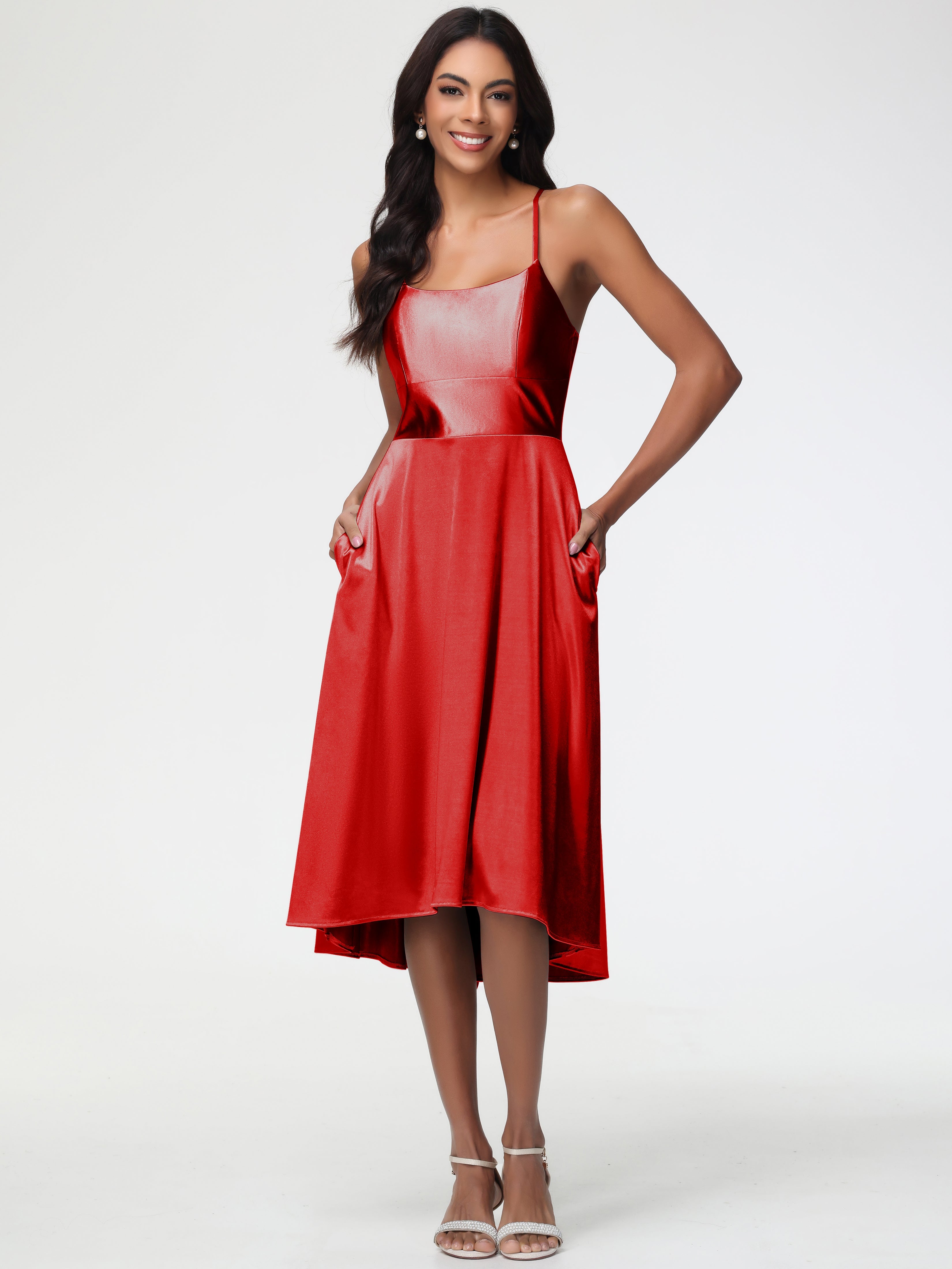 Robe Demoiselle D Honneur Rouge Bretelles Spaghetti Satin Extensible Robe Demoiselle D Honneur Asymétrique