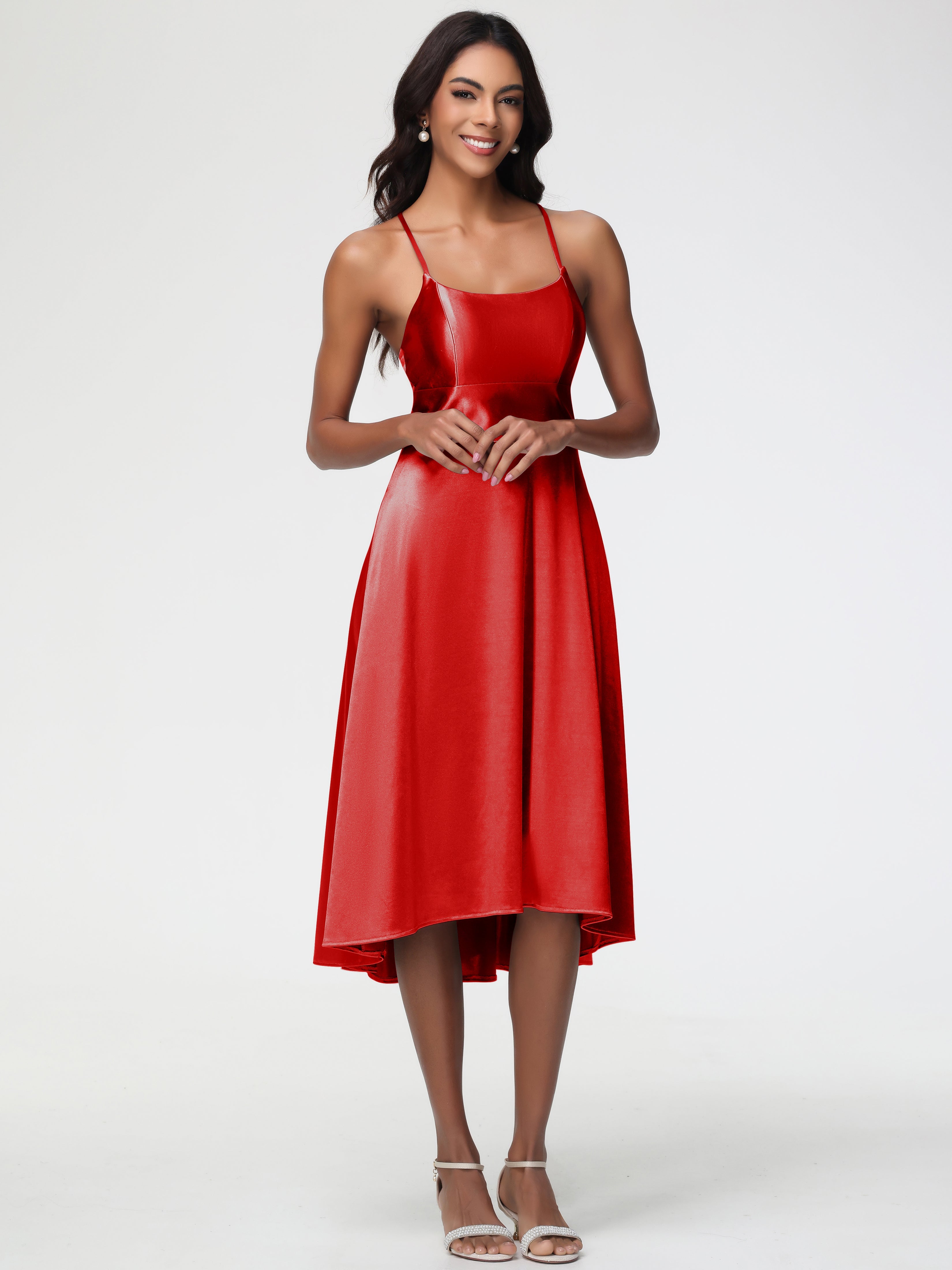 Robe Demoiselle D Honneur Rouge Bretelles Spaghetti Satin Extensible Robe Demoiselle D Honneur Asymétrique