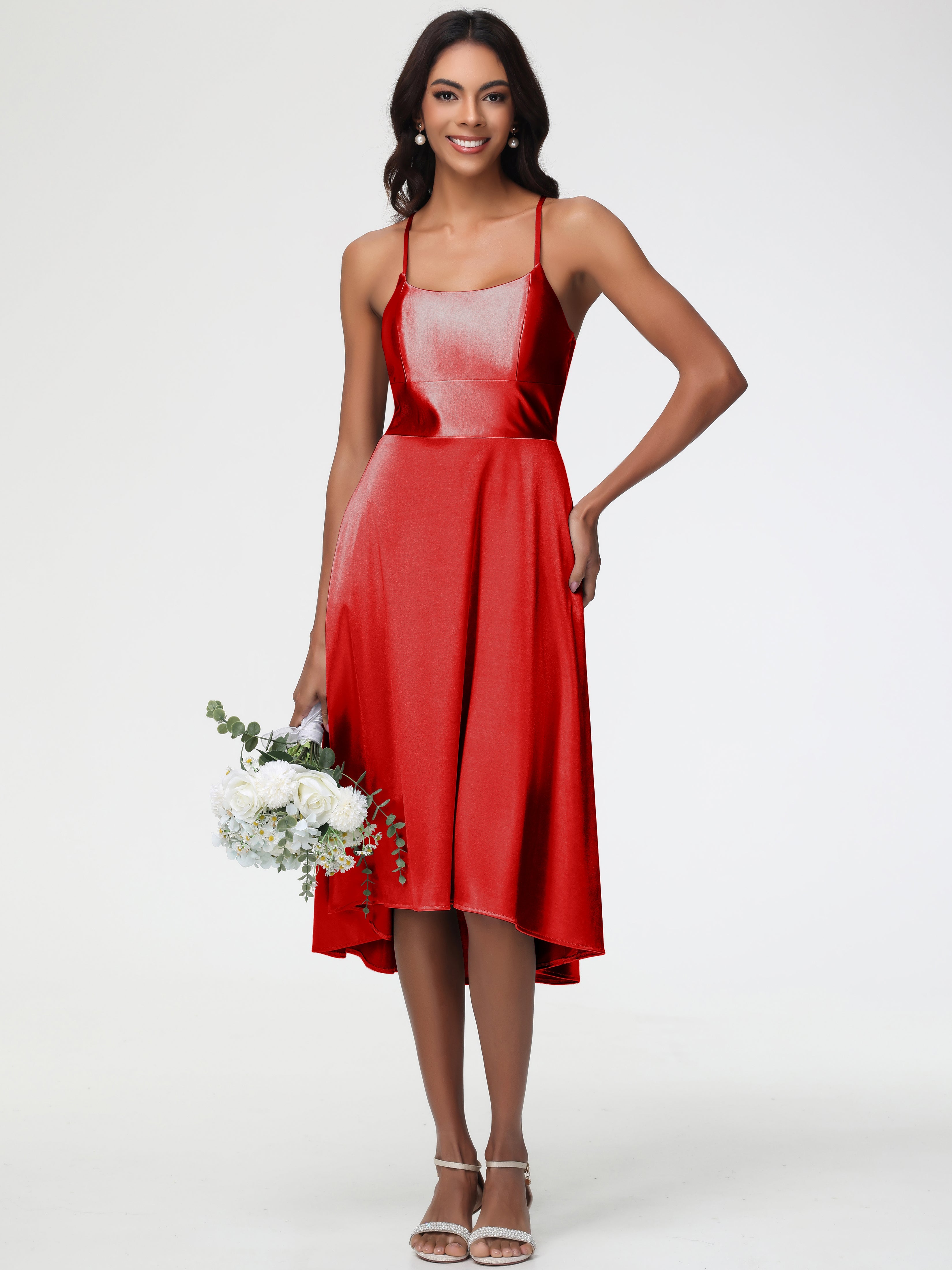 Robe Demoiselle D Honneur Rouge Bretelles Spaghetti Satin Extensible Robe Demoiselle D Honneur Asymétrique