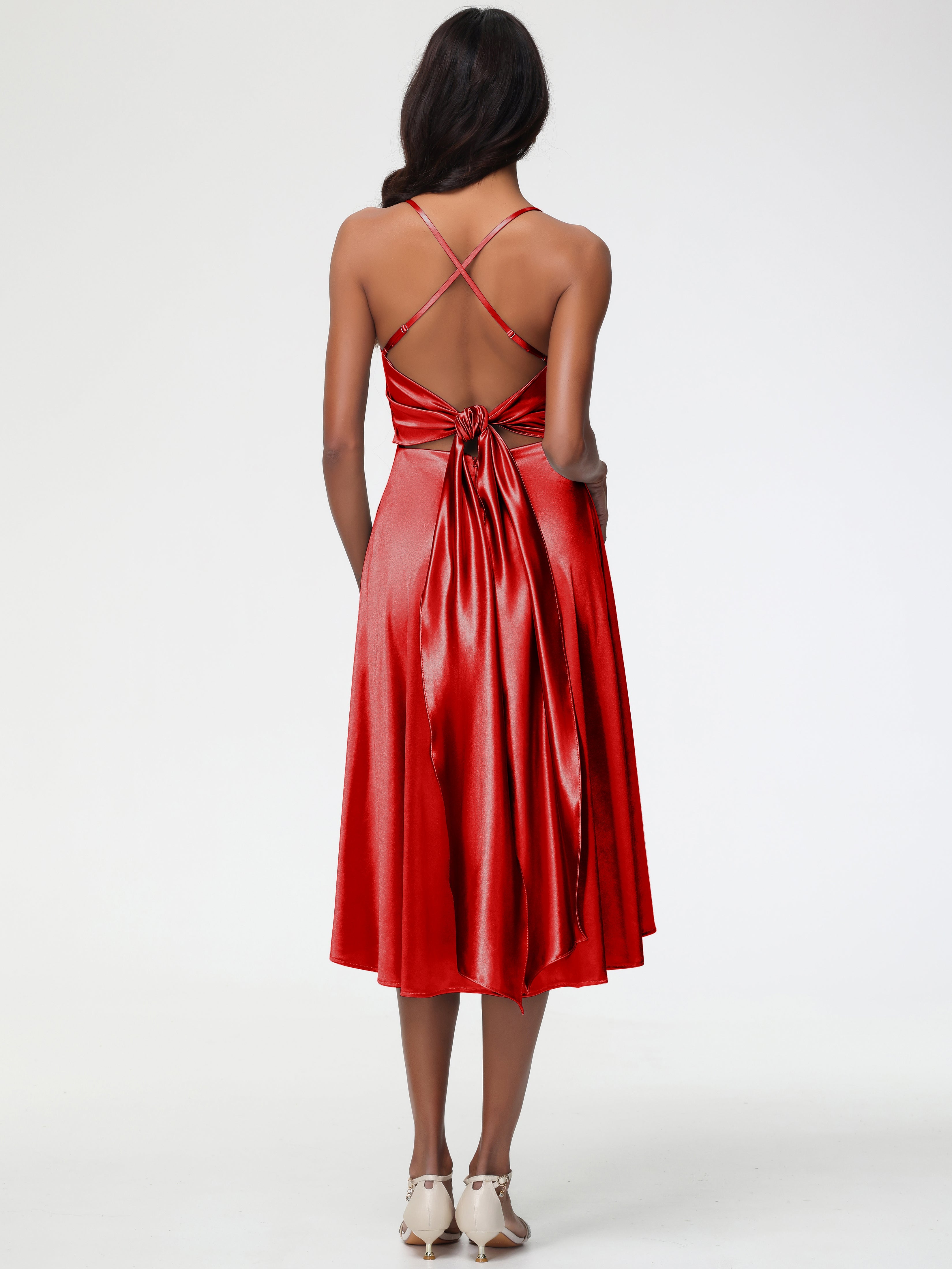 Robe Demoiselle D Honneur Rouge Bretelles Spaghetti Satin Extensible Robe Demoiselle D Honneur Asymétrique