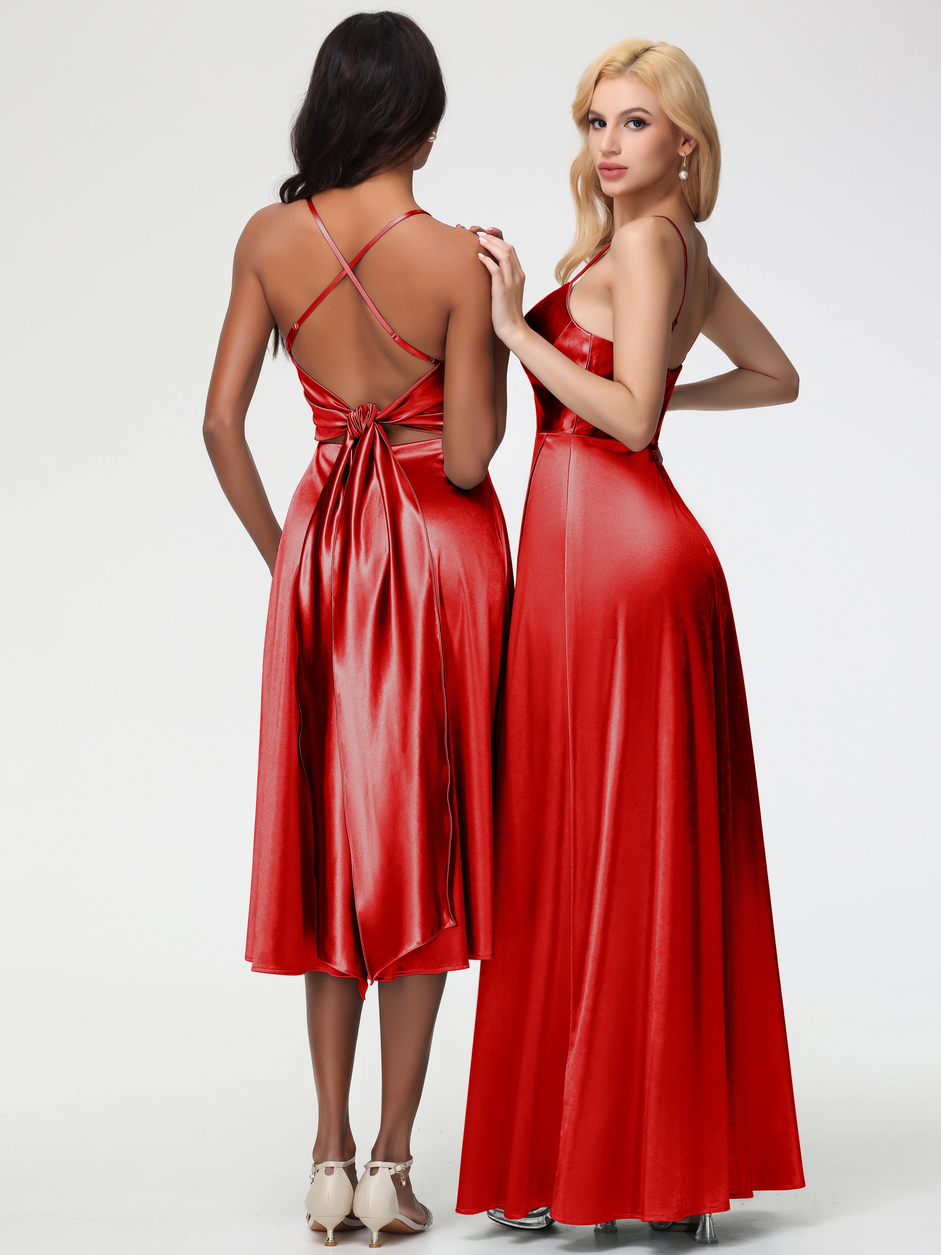 Robe Demoiselle D Honneur Rouge Bretelles Spaghetti Satin Extensible Robe Demoiselle D Honneur Asymétrique