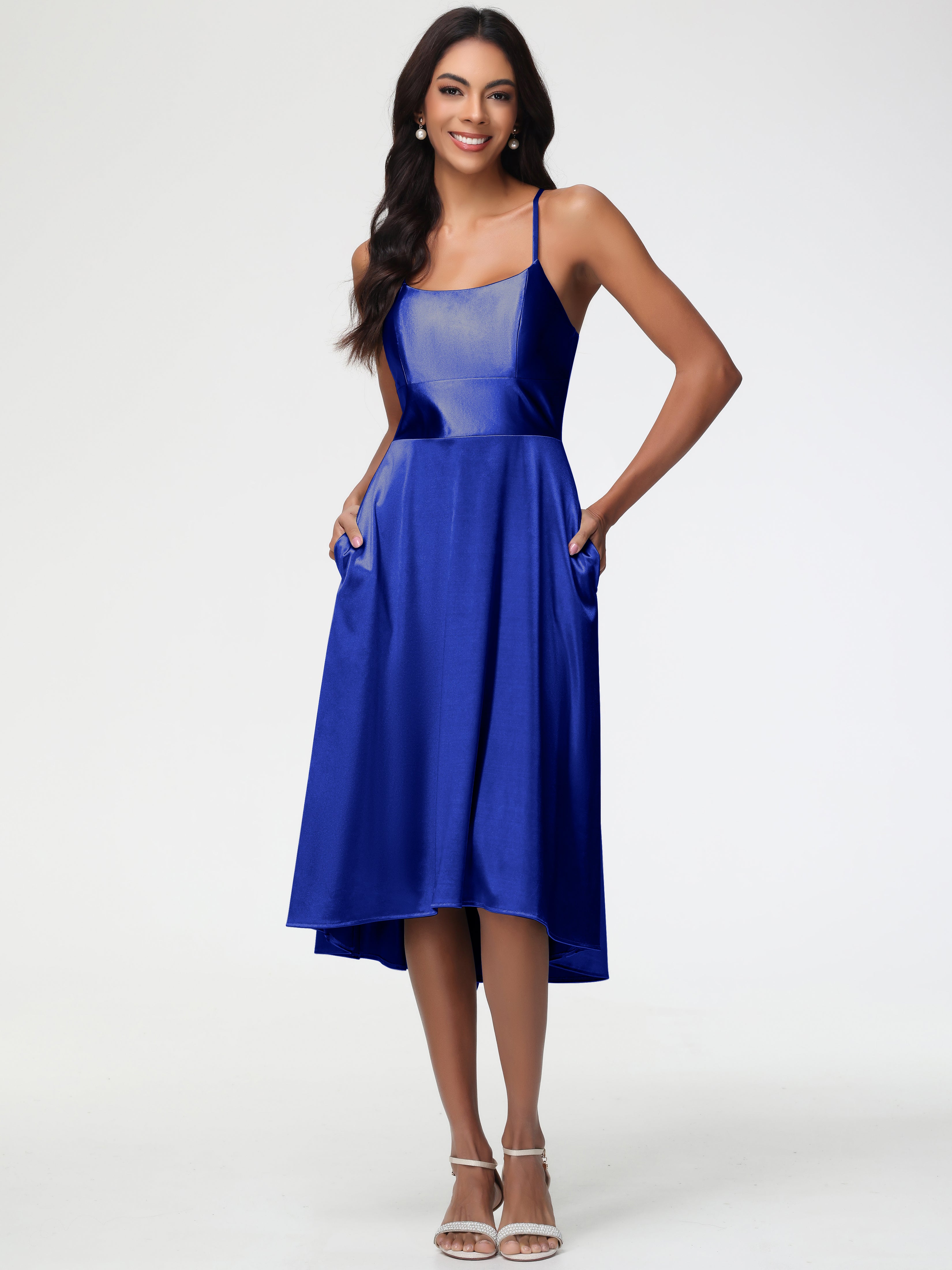 Robe Demoiselle D Honneur Bleu Royal Bretelles Spaghetti Satin Extensible Robe Demoiselle D Honneur Asymétrique