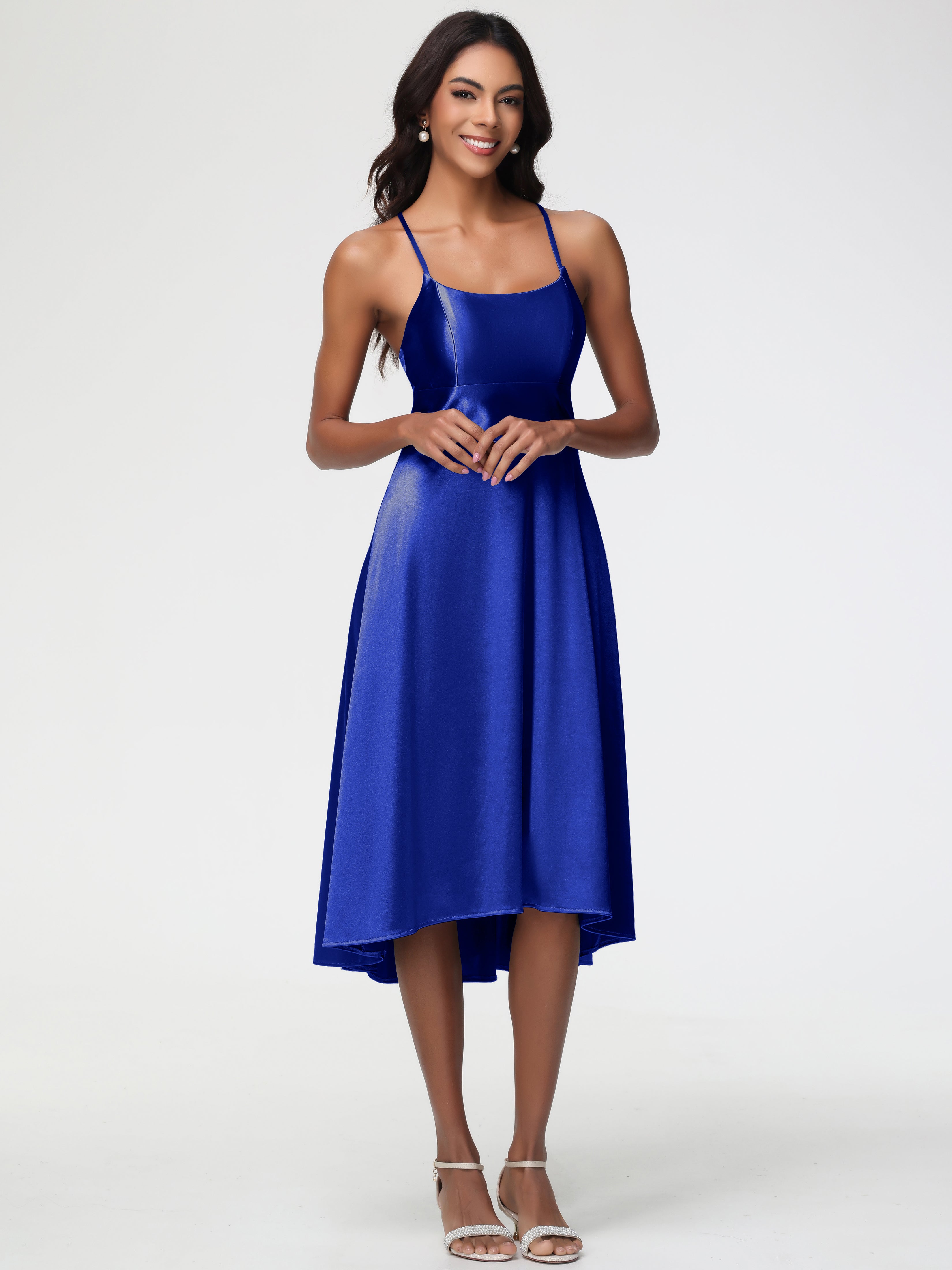 Robe Demoiselle D Honneur Bleu Royal Bretelles Spaghetti Satin Extensible Robe Demoiselle D Honneur Asymétrique