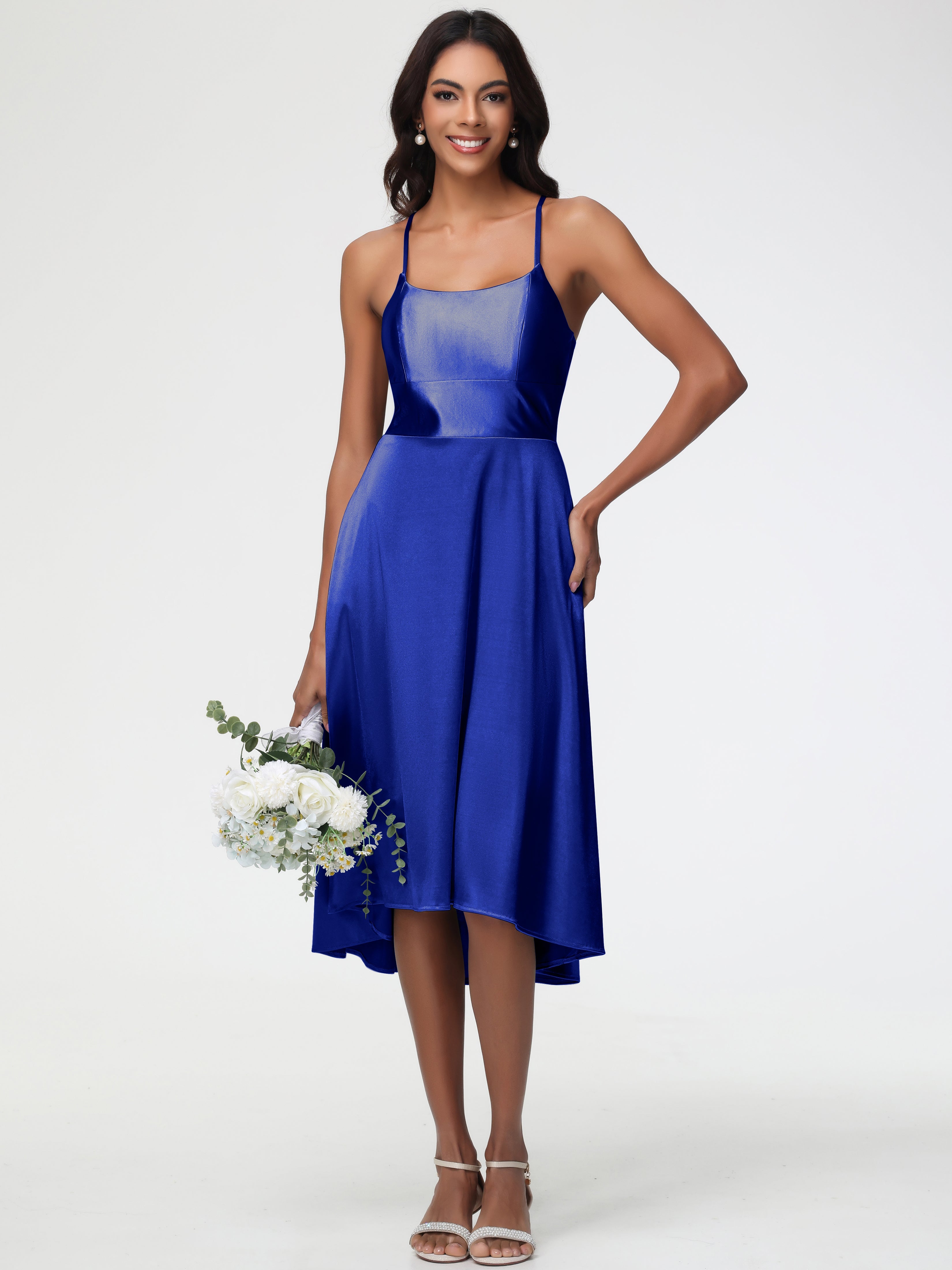 Robe Demoiselle D Honneur Bleu Royal Bretelles Spaghetti Satin Extensible Robe Demoiselle D Honneur Asymétrique