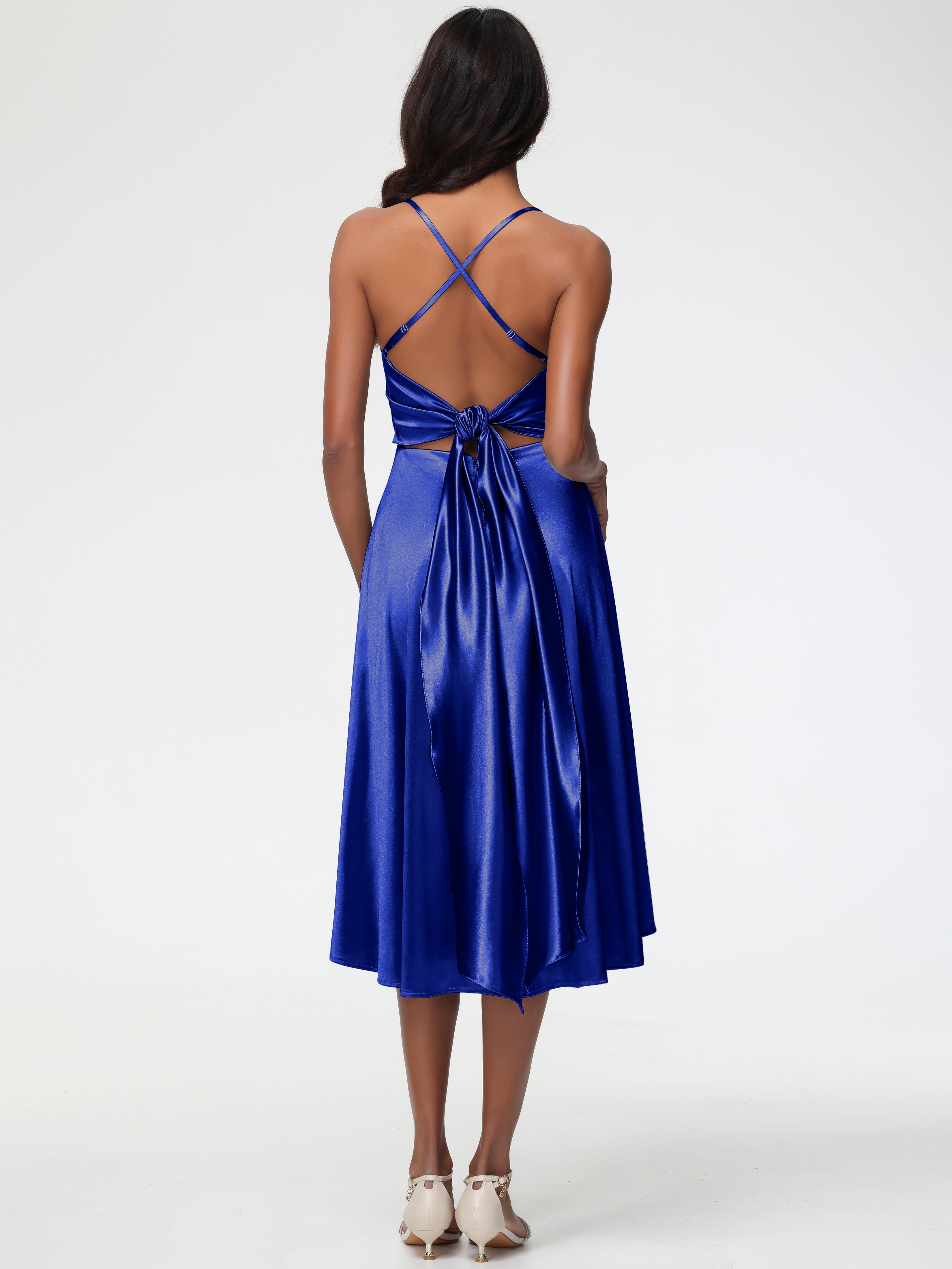 Robe Demoiselle D Honneur Bleu Royal Bretelles Spaghetti Satin Extensible Robe Demoiselle D Honneur Asymétrique