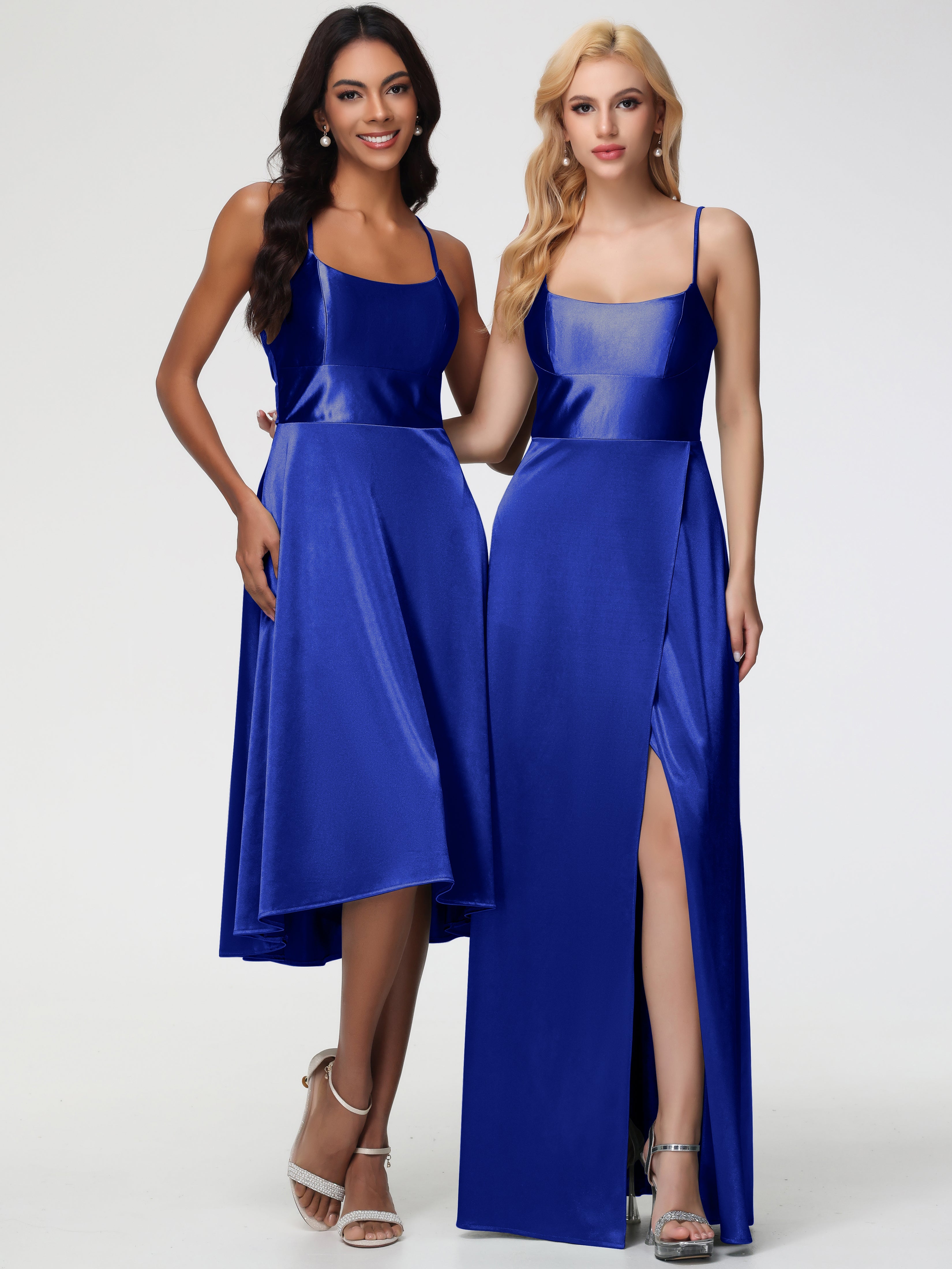 Robe Demoiselle D Honneur Bleu Royal Bretelles Spaghetti Satin Extensible Robe Demoiselle D Honneur Asymétrique