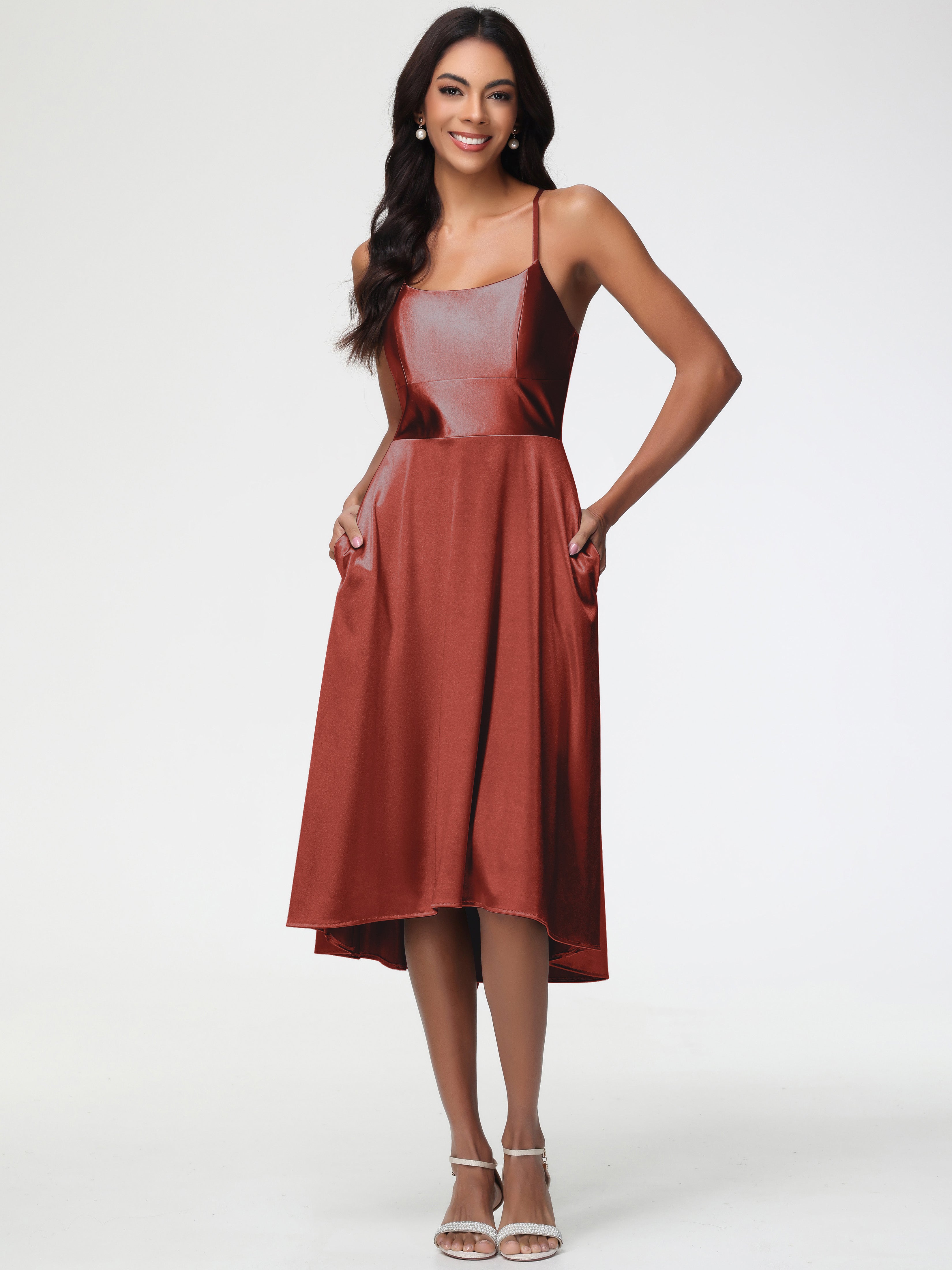 Robe Demoiselle D Honneur Rouille Bretelles Spaghetti Satin Extensible Robe Demoiselle D Honneur Asymétrique