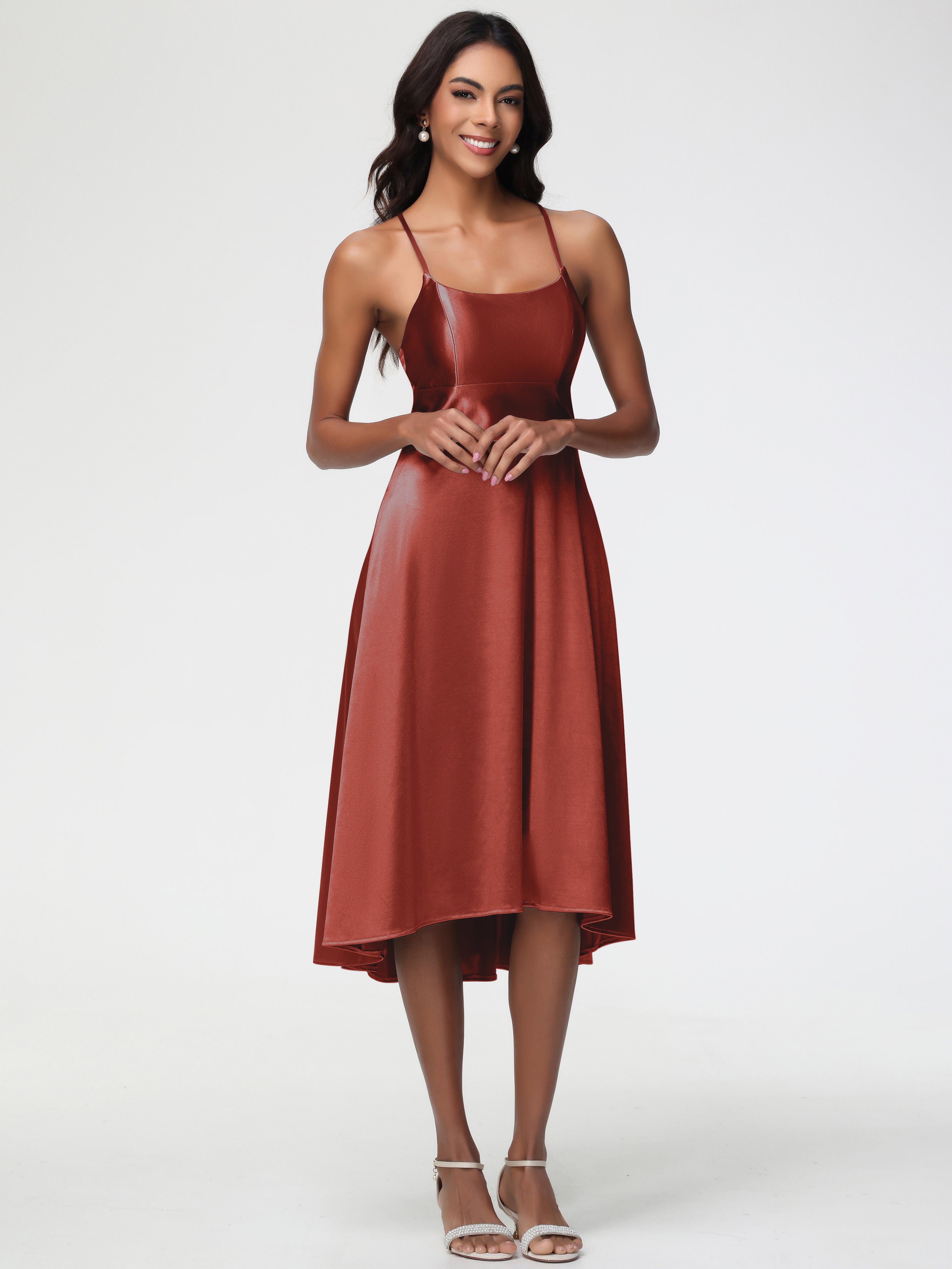 Robe Demoiselle D Honneur Rouille Bretelles Spaghetti Satin Extensible Robe Demoiselle D Honneur Asymétrique