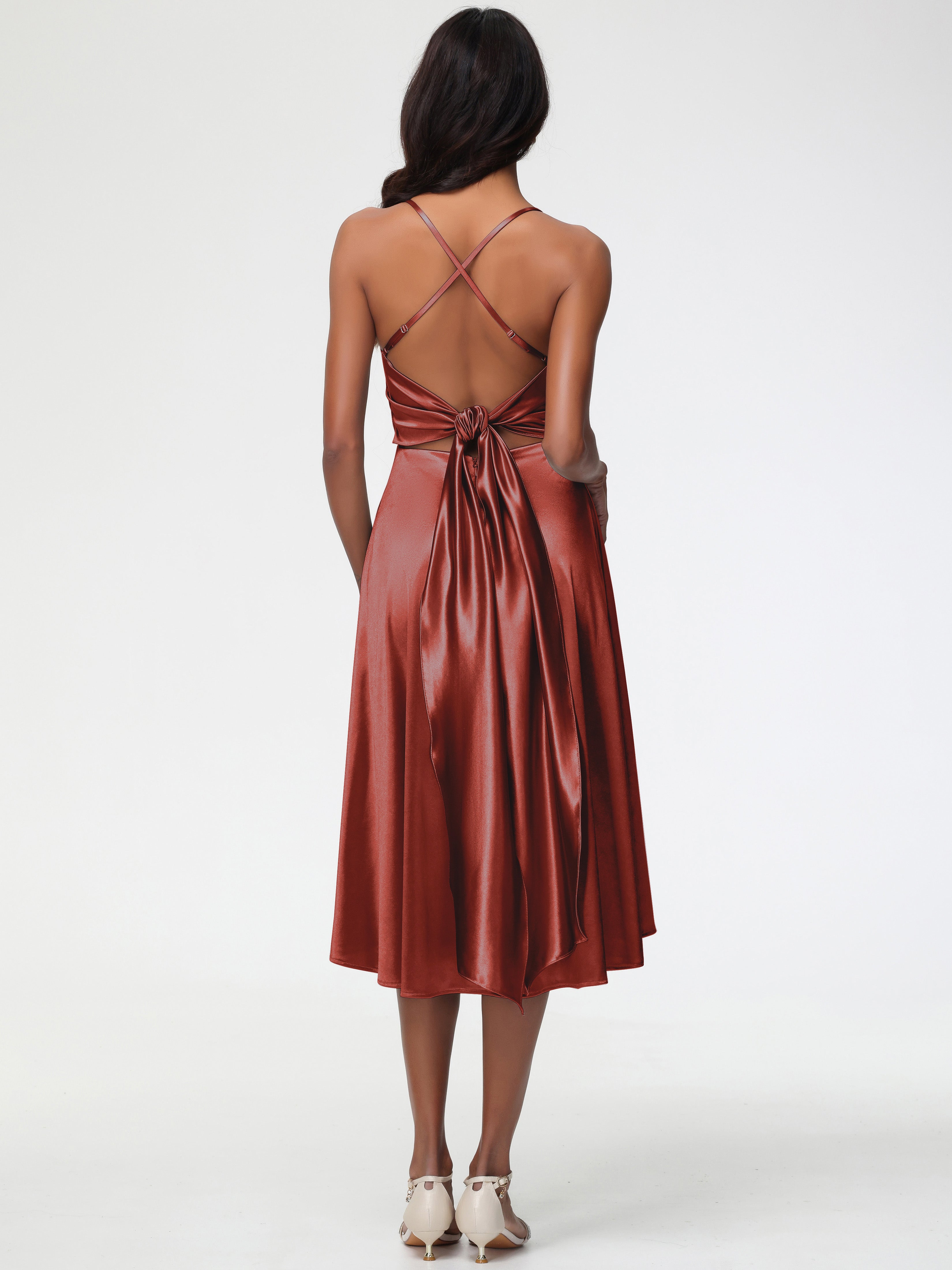 Robe Demoiselle D Honneur Rouille Bretelles Spaghetti Satin Extensible Robe Demoiselle D Honneur Asymétrique